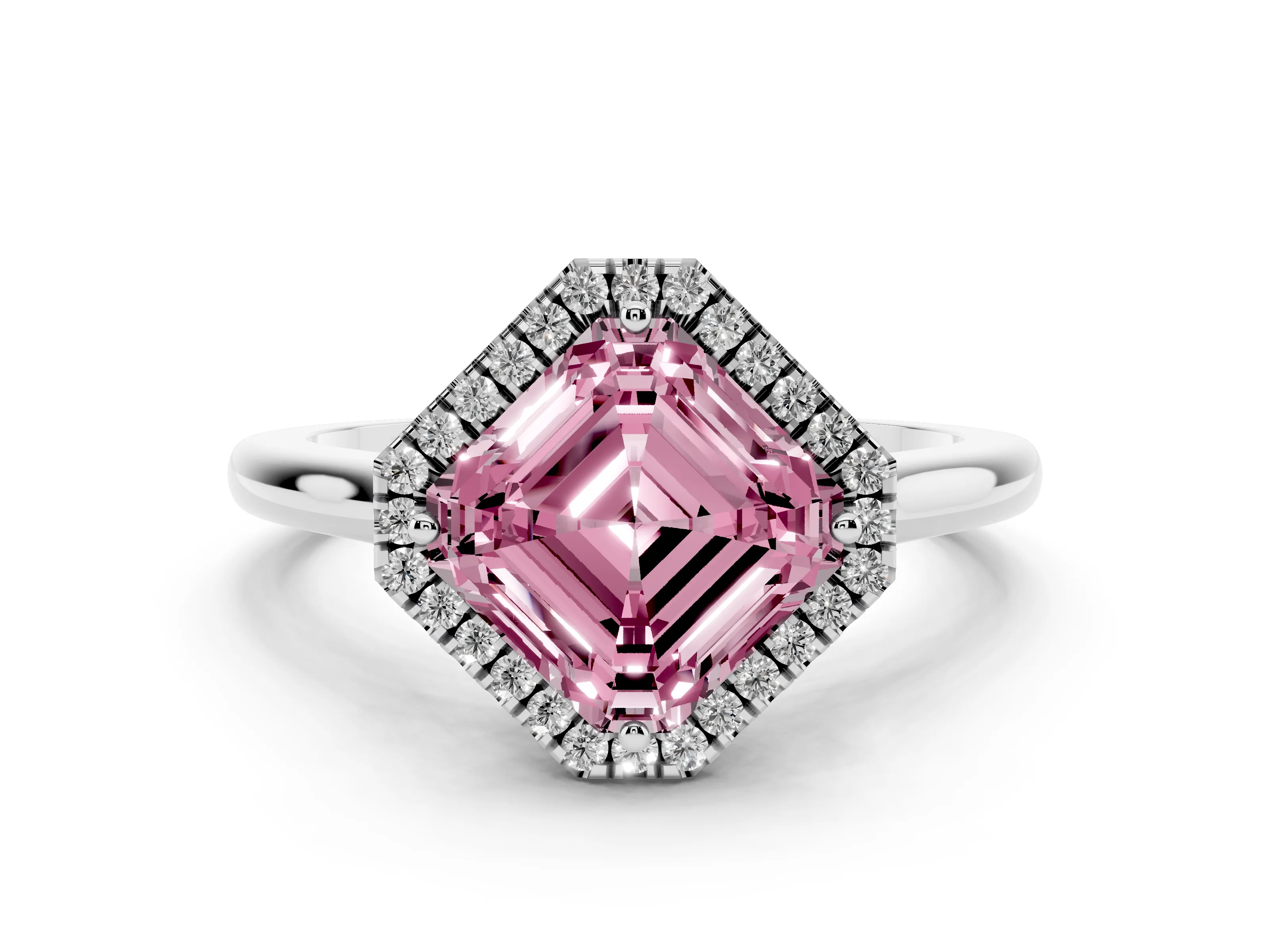 Fancy Pink Asscher Cut Diamond Halo Engagement Ring Set in White gold with Pavé Band and Rising Shoulders