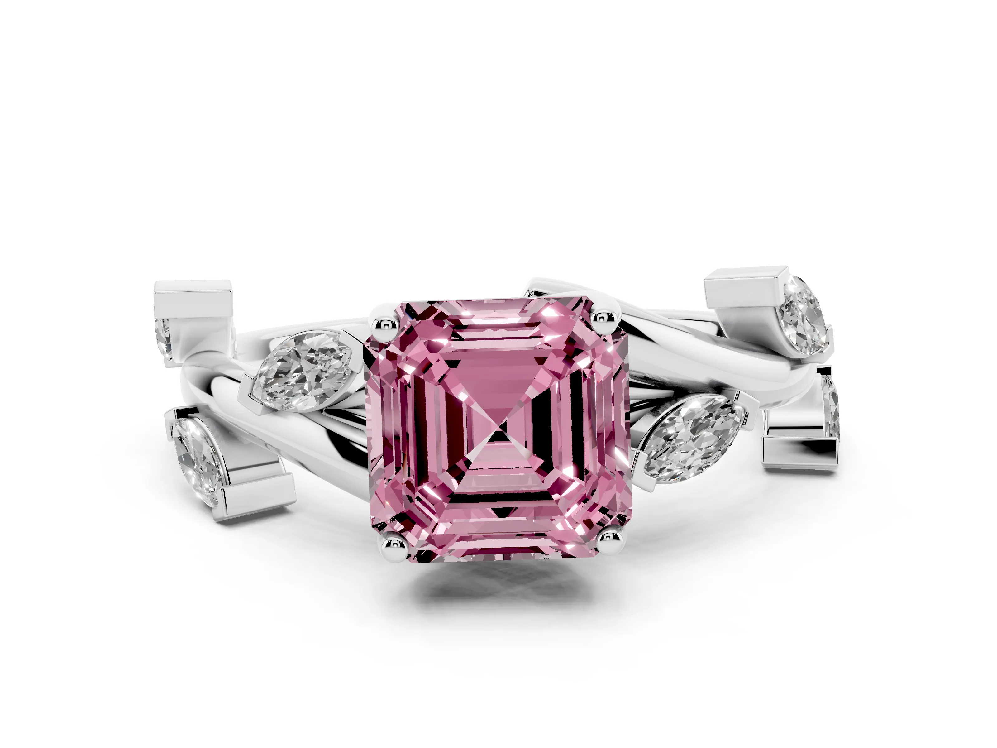 Fancy Pink Asscher Cut Diamond Solitaire Ring Set in White gold with Twisted Marquise Accent Band
