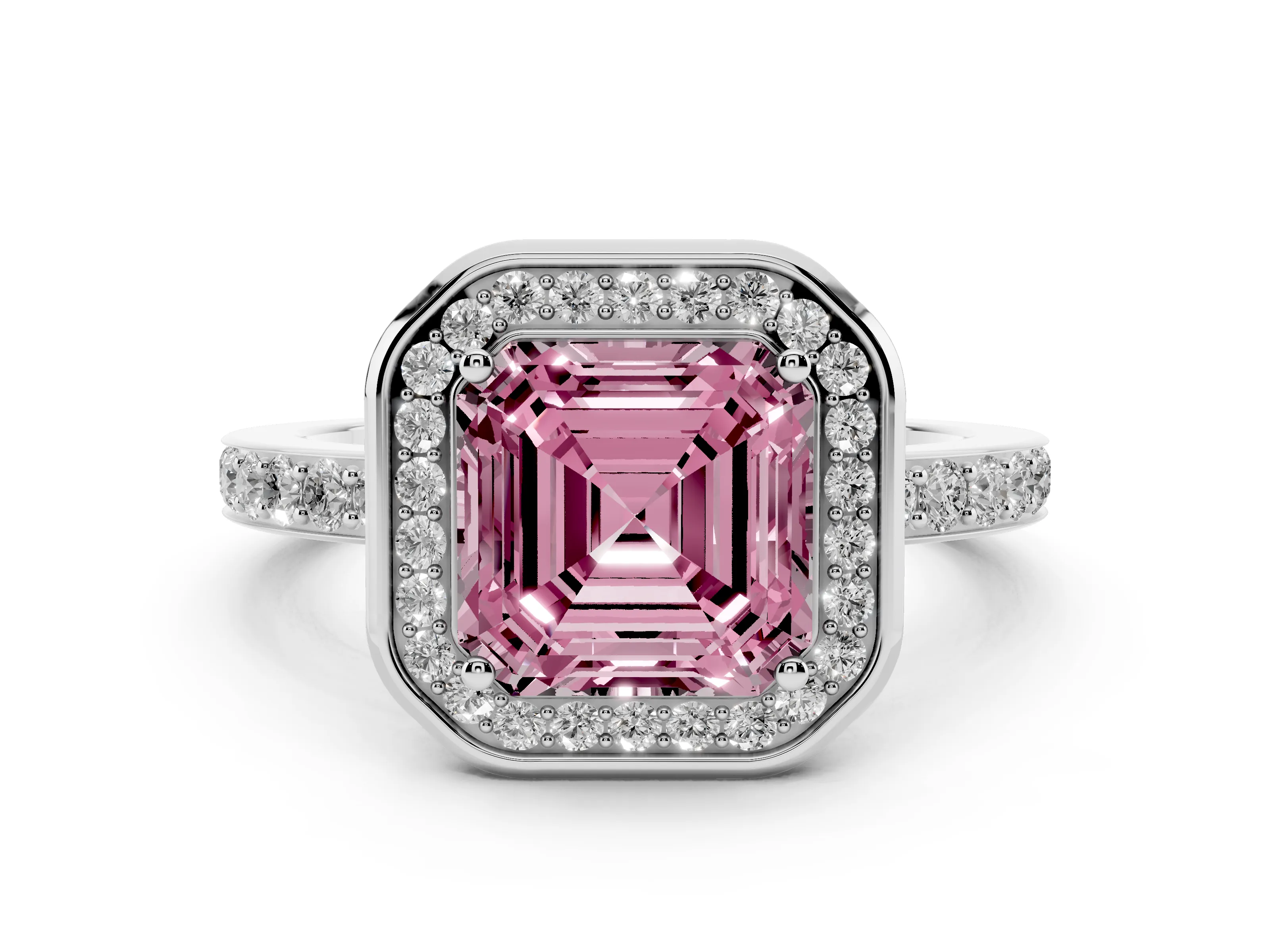 Fancy Pink Asscher Cut Diamond Halo Ring Set in White gold with Bezel Frame and Pavé Band