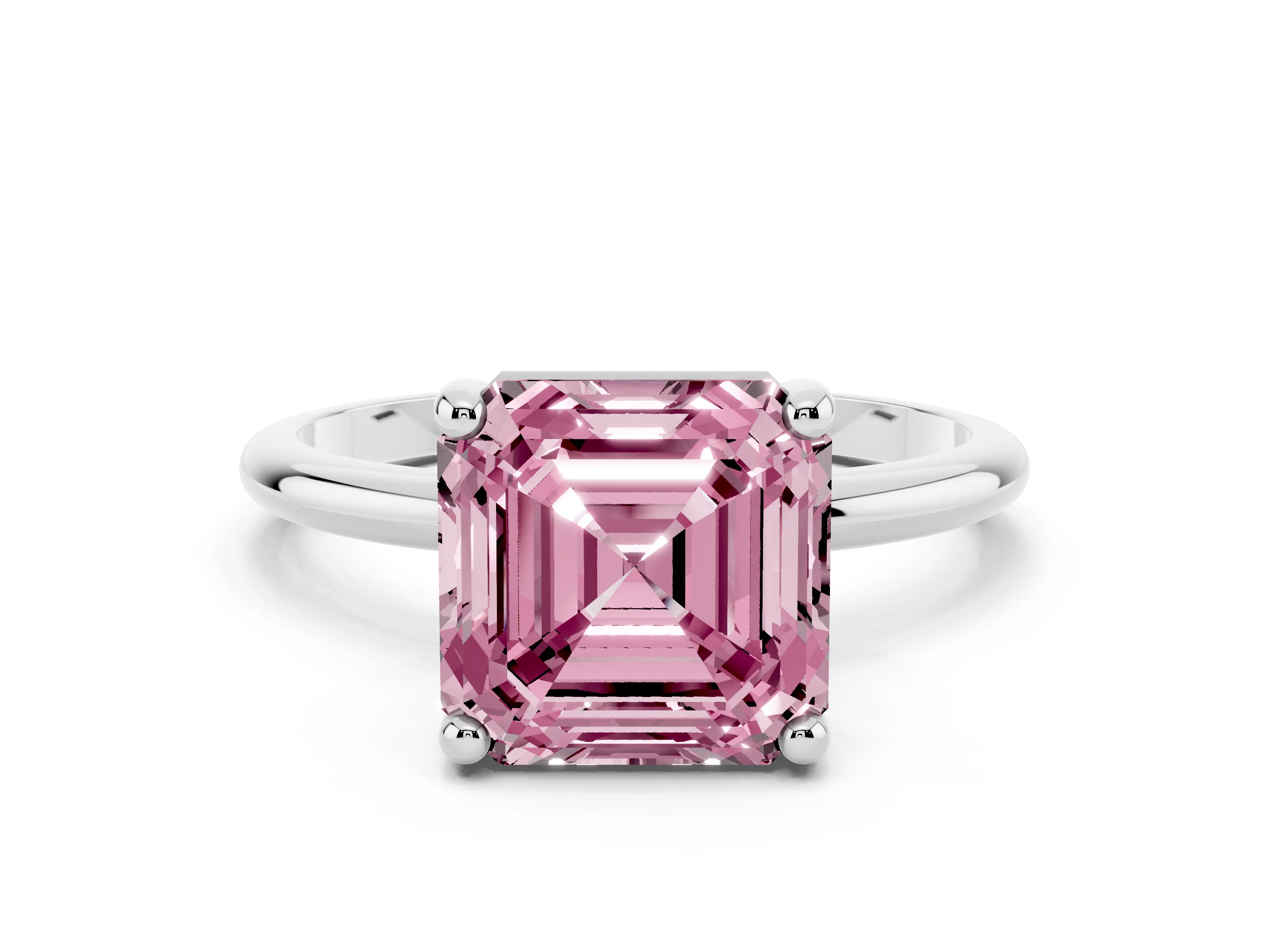 Fancy Pink Asscher Cut Diamond Solitaire Ring Set in White gold with Secure Prong Setting on a Classic Band