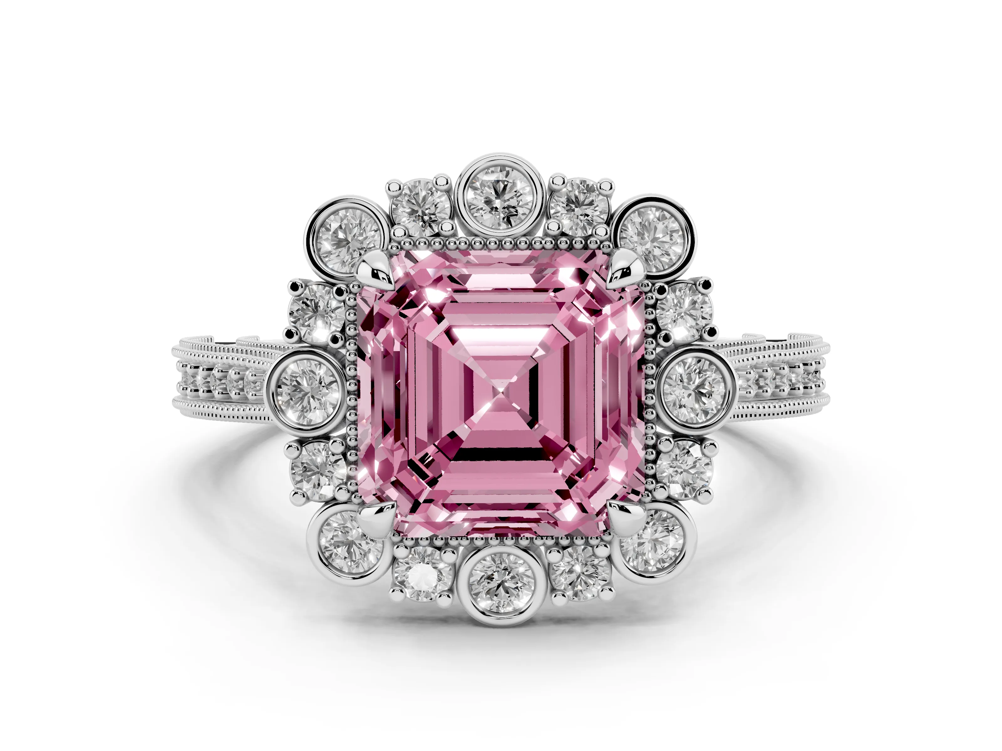 Fancy Pink Asscher Cut Diamond Halo Milgrain Pavé Ring Set in Platinum with Prong Setting