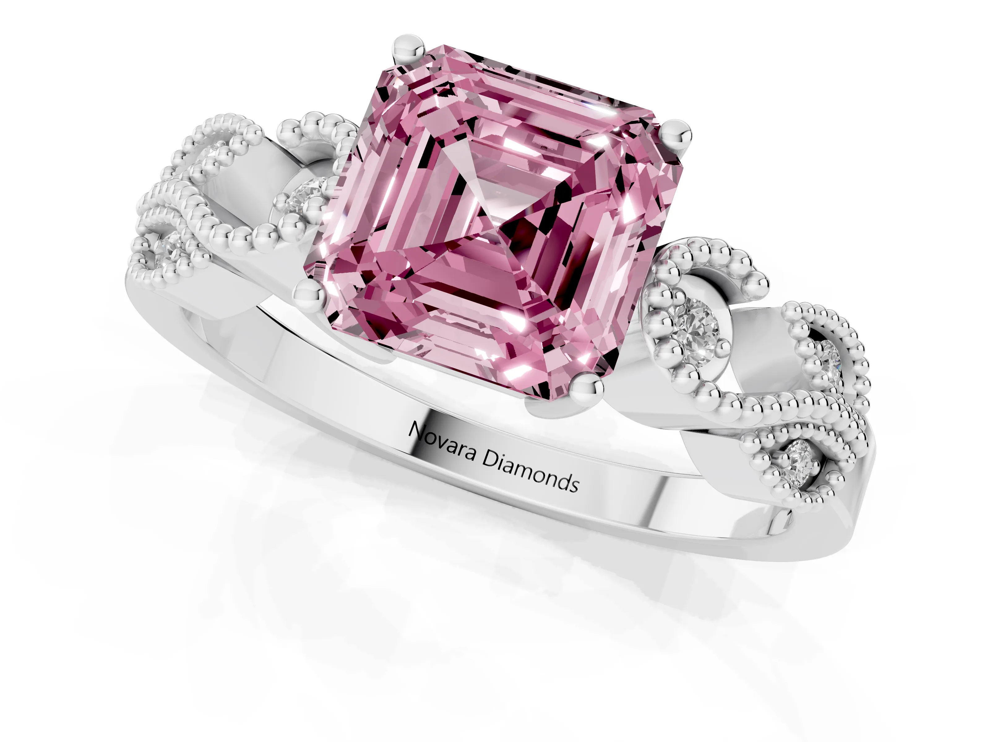Fancy Pink Asscher Cut Diamond Milgrain Leaf Band Solitaire Ring Set in White gold with Accent Stones and Prong Setting
