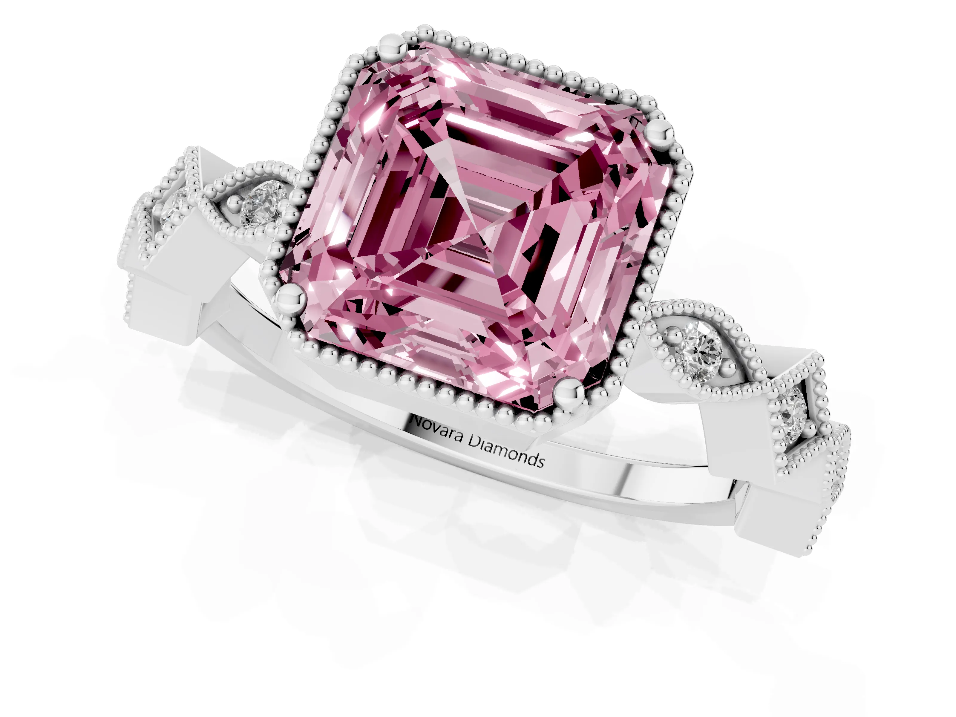 Fancy Pink Asscher Cut Diamond Milgrain Marquise Twist Band Ring Set in Silver with Prong Setting