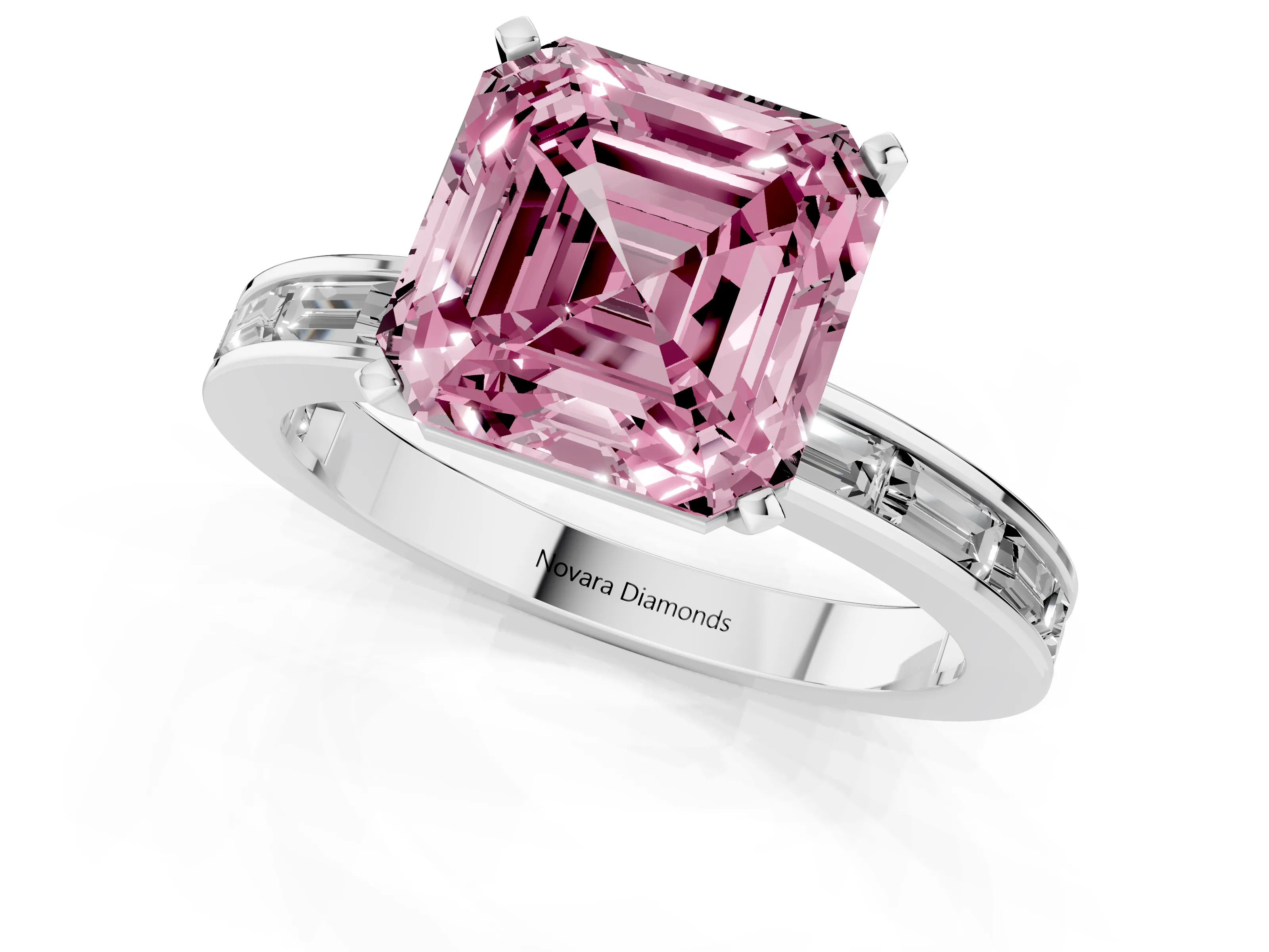 Fancy Pink Asscher Cut Diamond Solitaire Ring Set in Silver with Channel-Set Baguette Band and Prong Setting
