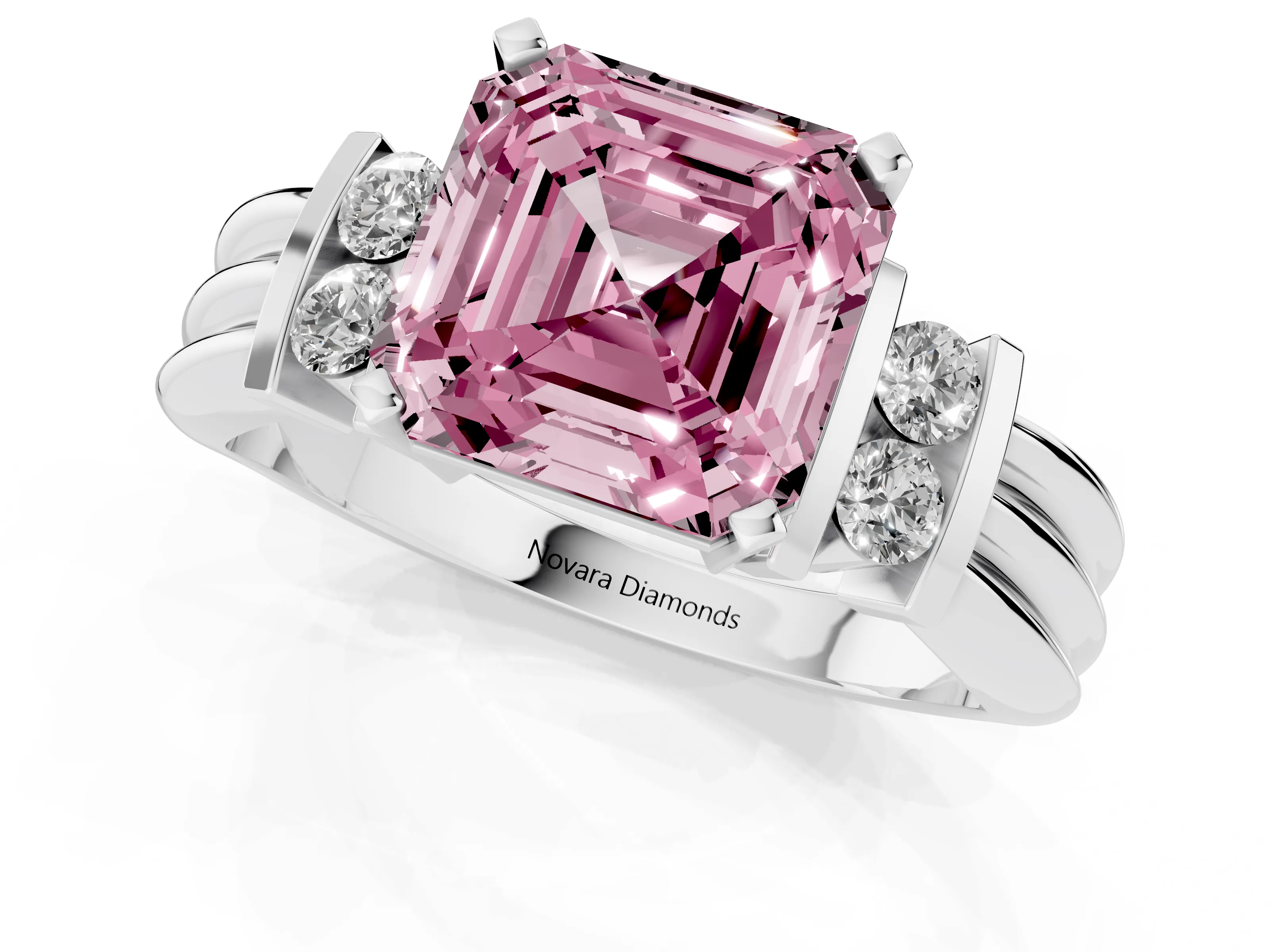 Fancy Pink Three-Stone Asscher Cut Diamond Channel Set Ring Set in Silver with Bar Prongs