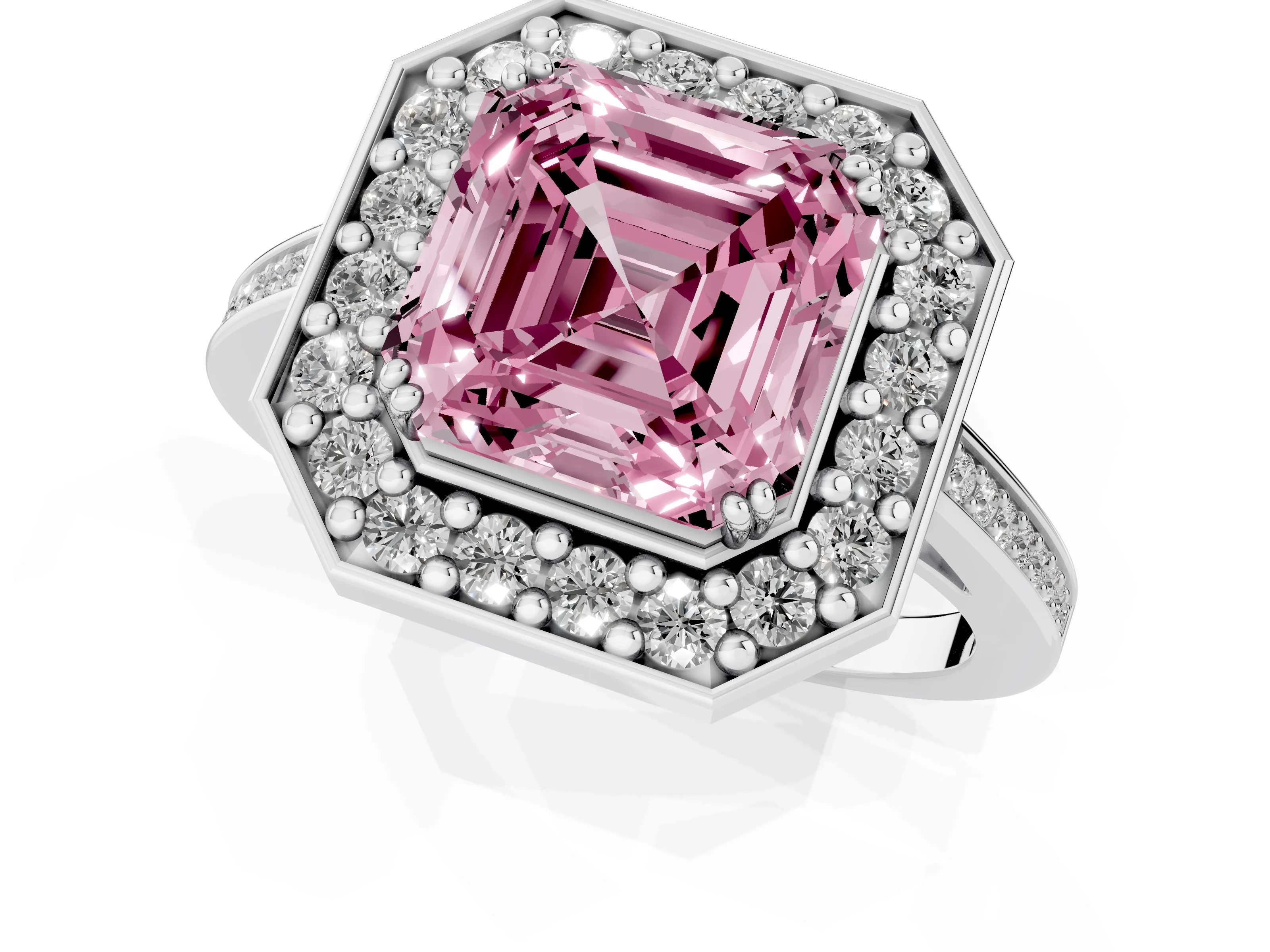 Fancy Pink Asscher Cut Diamond Halo Ring Set in Silver with Accent-Lined Split Shank and Prong Setting