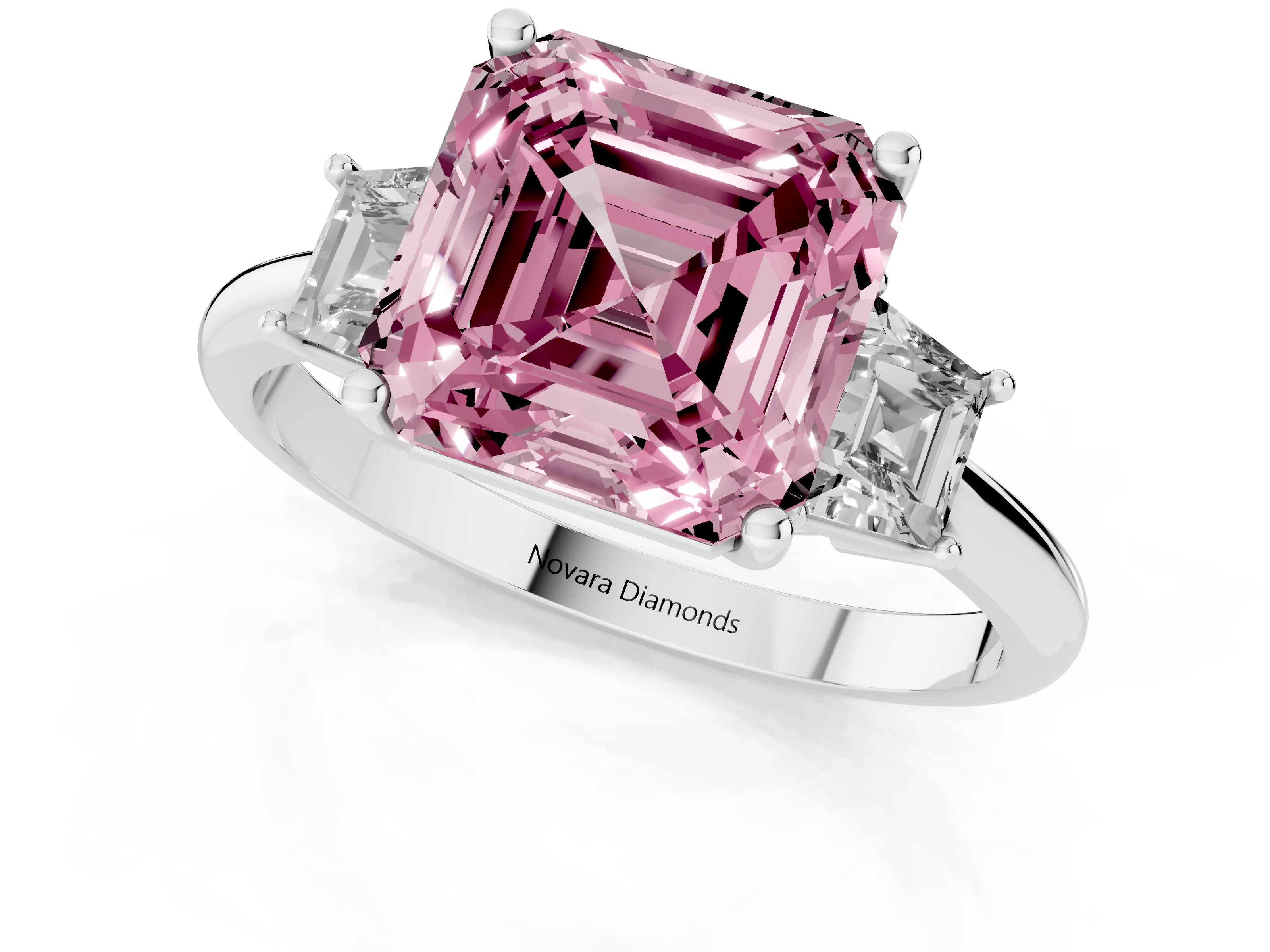 Fancy Pink Asscher Cut Diamond Three-Stone Ring Set in Silver with Trapezoid Side Stones and Prong Setting – second view
