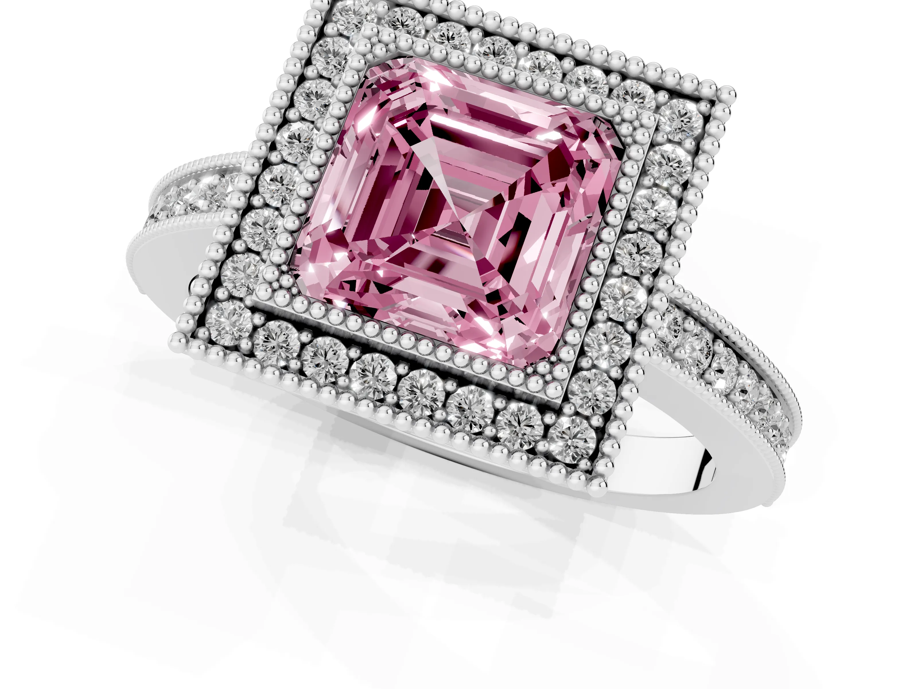 Fancy Pink Asscher Cut Diamond Round Halo Ring Set in White gold with Pavé Band