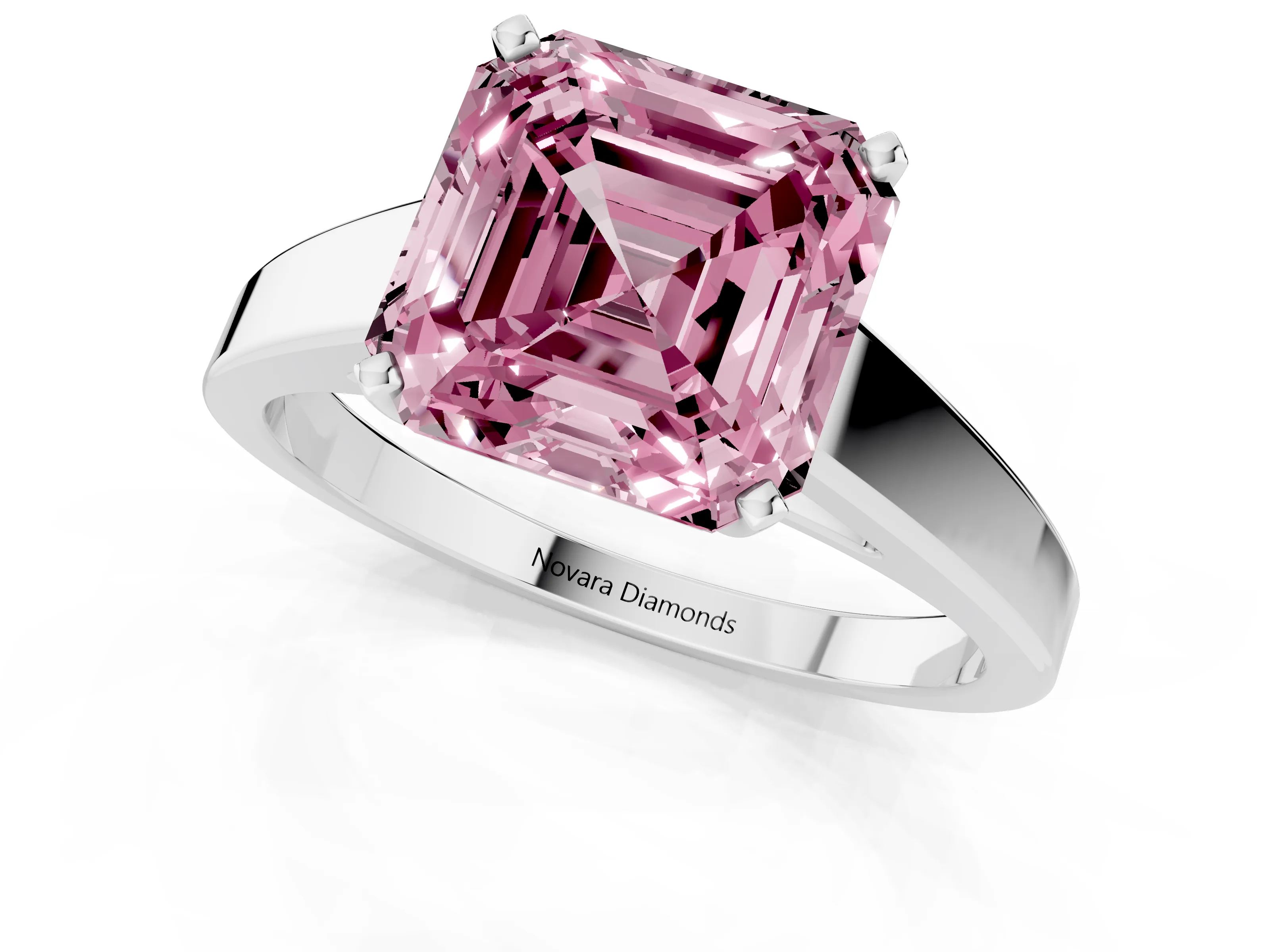 Fancy Pink Asscher Cut Diamond Solitaire Engagement Ring Set in White gold with Prong Setting and Tapered Band