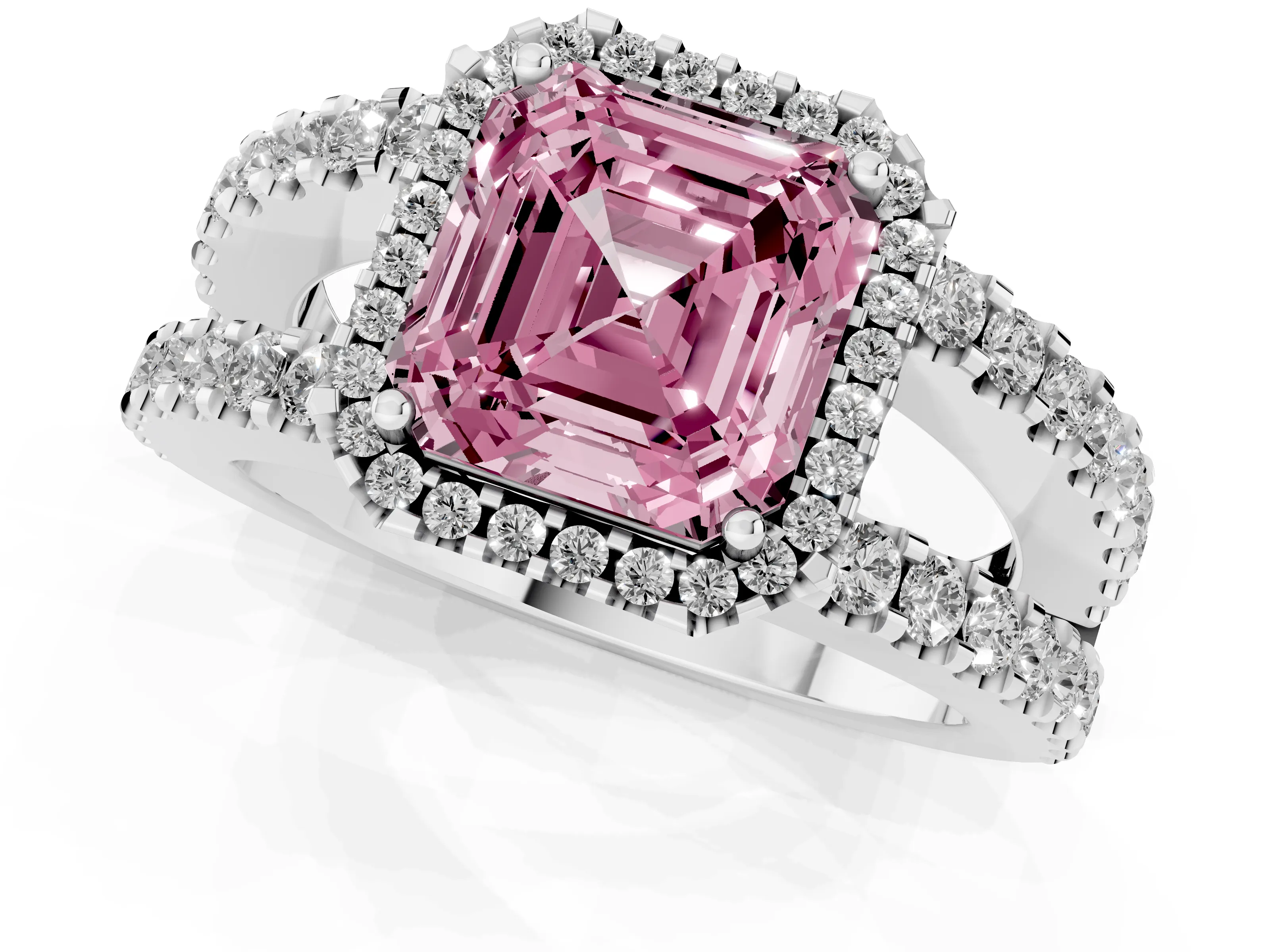 Fancy Pink Asscher Cut Diamond Halo Ring Set in Silver with Pavé Split Shank and Prong Setting