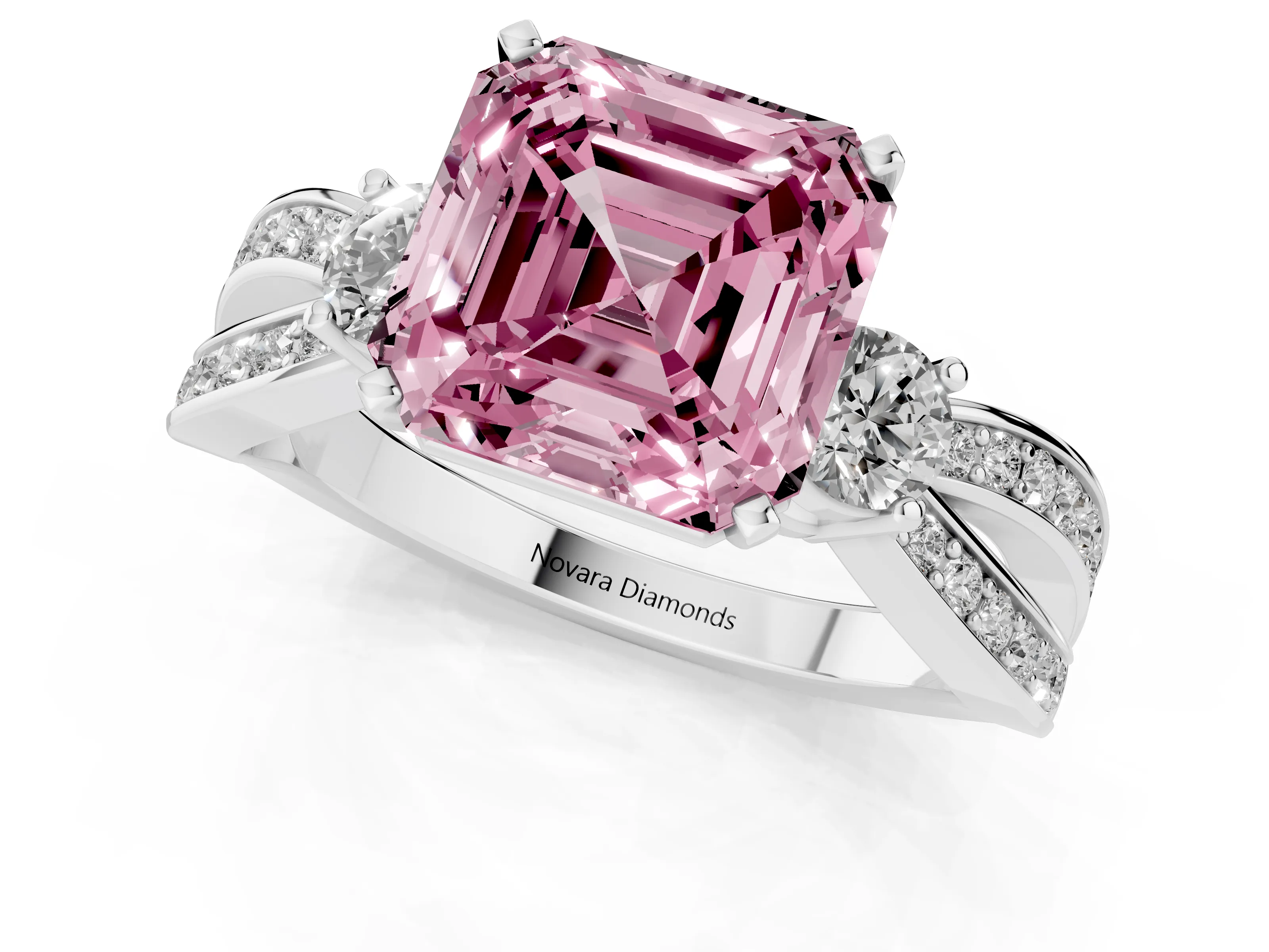 Fancy Pink Three-Stone Asscher Cut Diamond Twist Band Ring Set in Silver with Pavé Accents and Prong Setting
