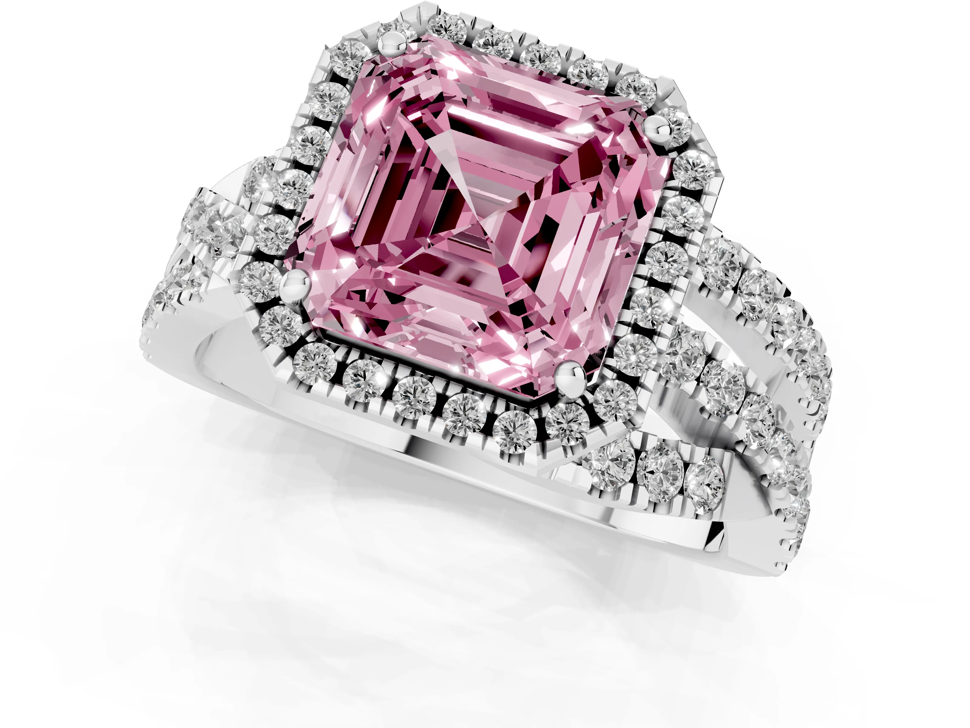 Fancy Pink Asscher Cut Diamond Halo Ring Set in Platinum with Round Crossover Split Shank and Prong Setting