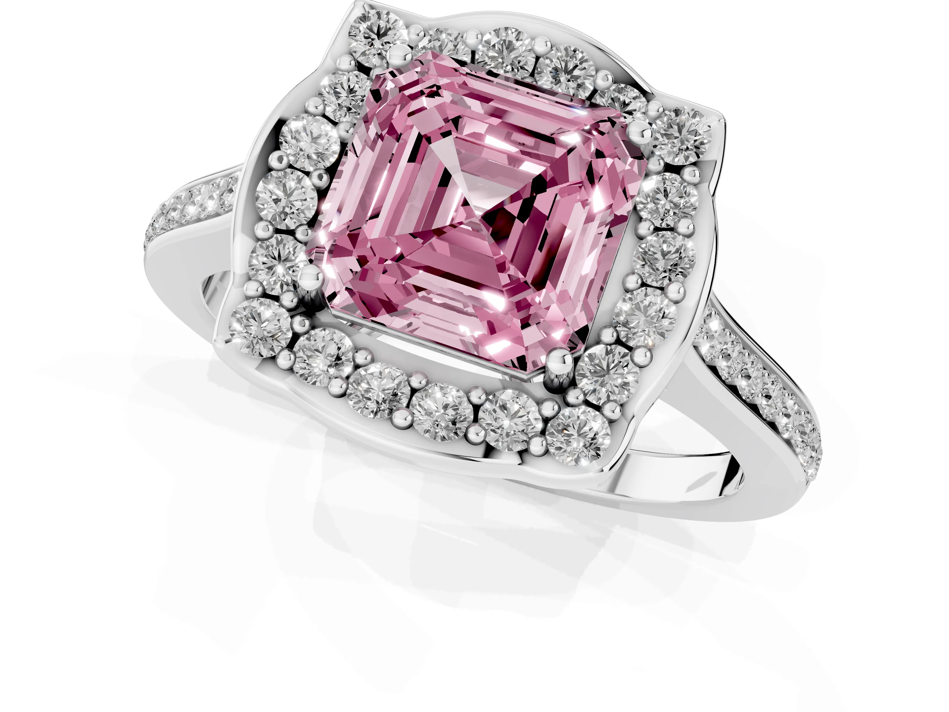 Fancy Pink Asscher Cut Diamond Halo Ring Set in Silver with Pavé-Lined Shoulders and Prong Setting