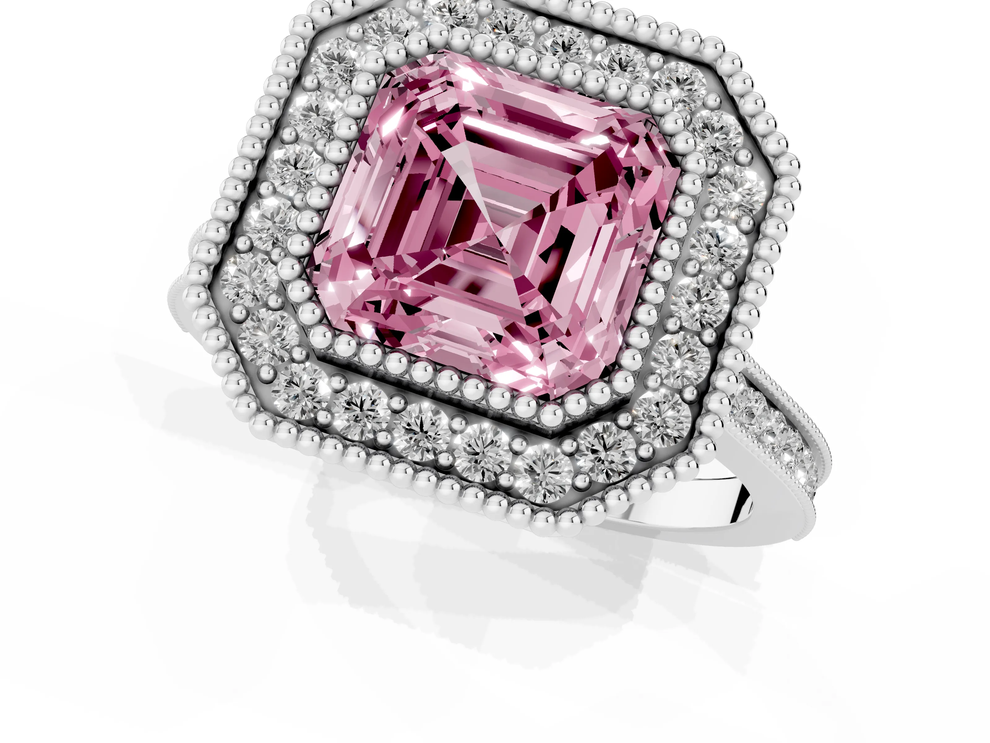 Fancy Pink Asscher Cut Diamond Halo Ring Set in White gold with Milgrain Frame and Pavé Band