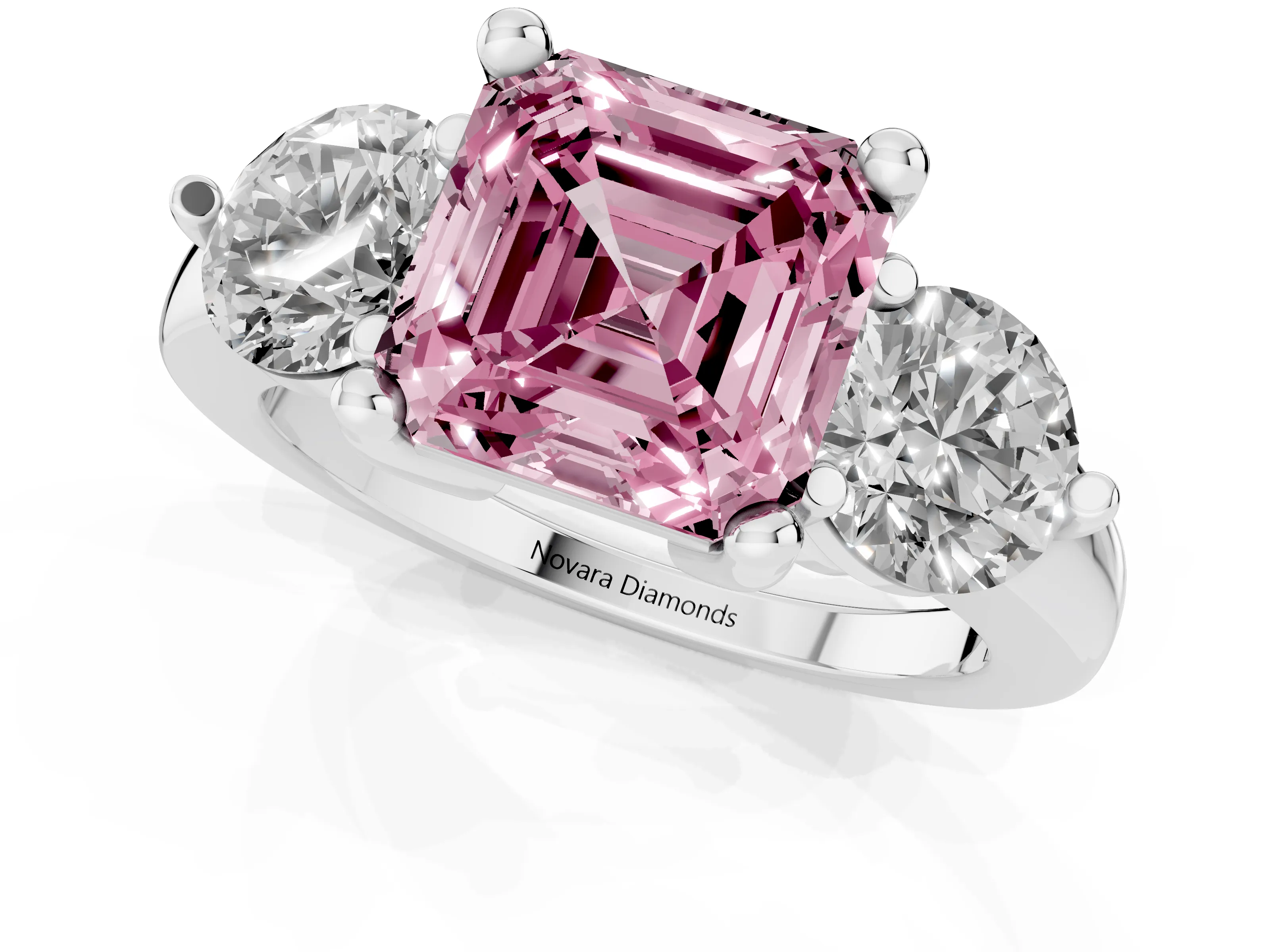 Fancy Pink Asscher Cut Diamond Three-Stone Ring Set in White gold with Prong Setting and Classic Band