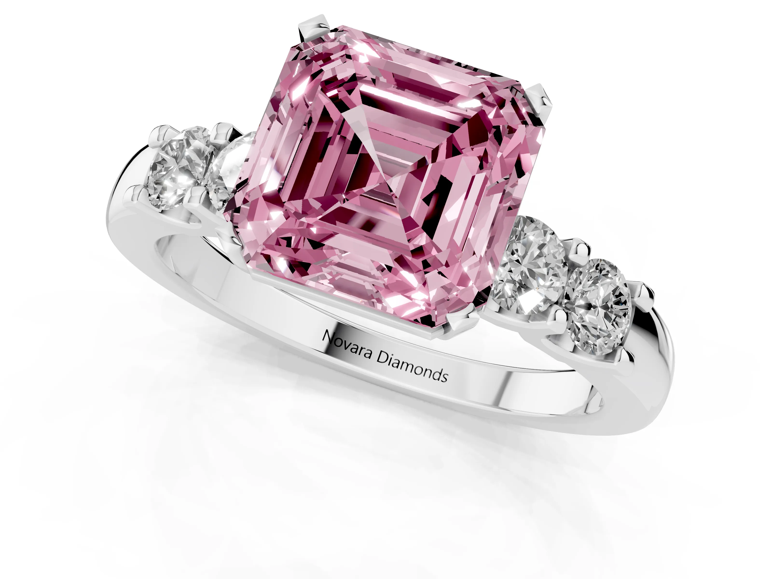 Fancy Pink Asscher Cut Diamond Five-Stone Prong Set Engagement Ring Set in White gold with Channel Band