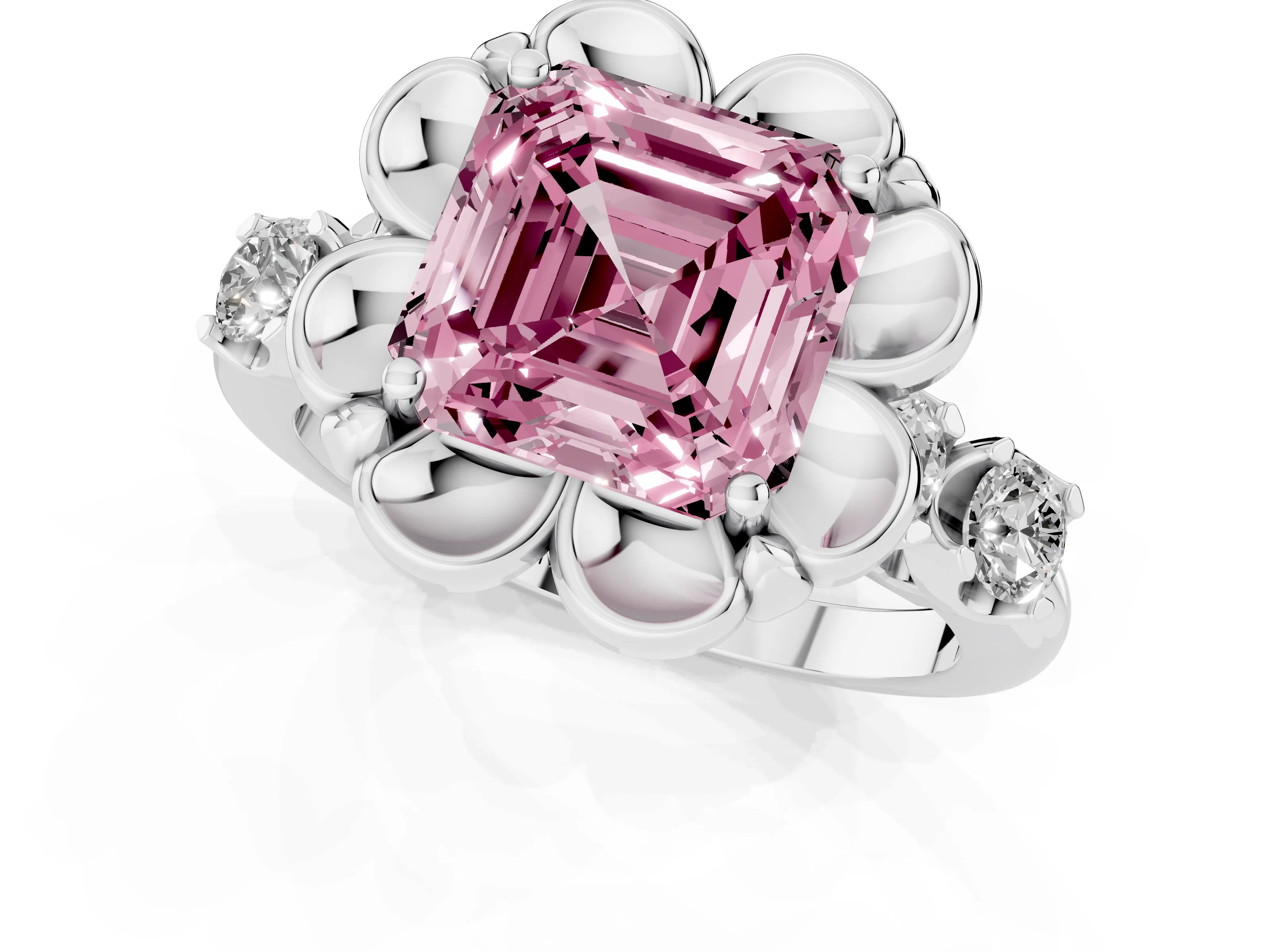 Fancy Pink Asscher Cut Diamond Floral Halo Ring Set in Platinum with Shared Prong Band