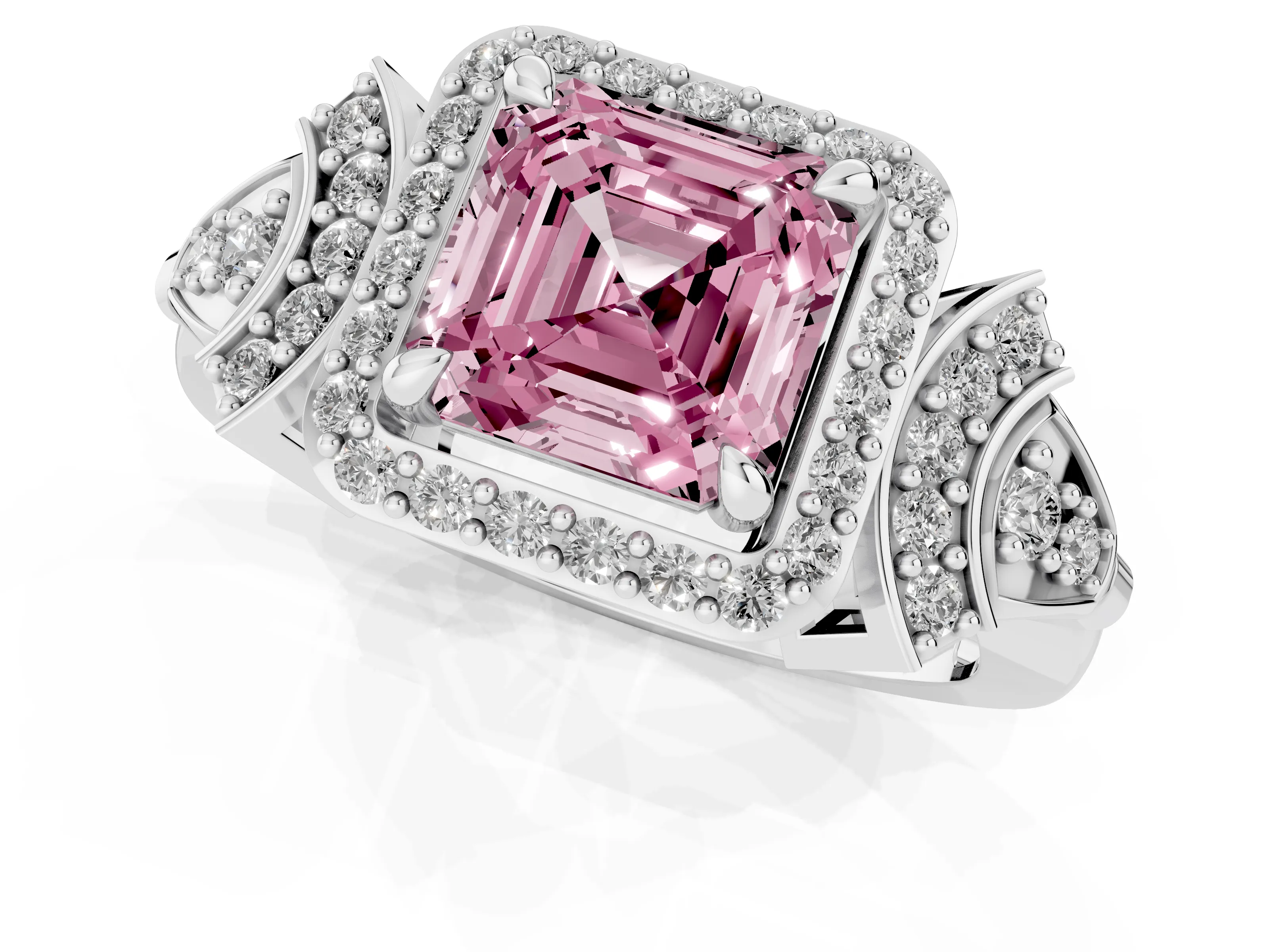 Fancy Pink Asscher Cut Diamond Halo Engagement Ring Set in Platinum with Accent Stone Split Shank