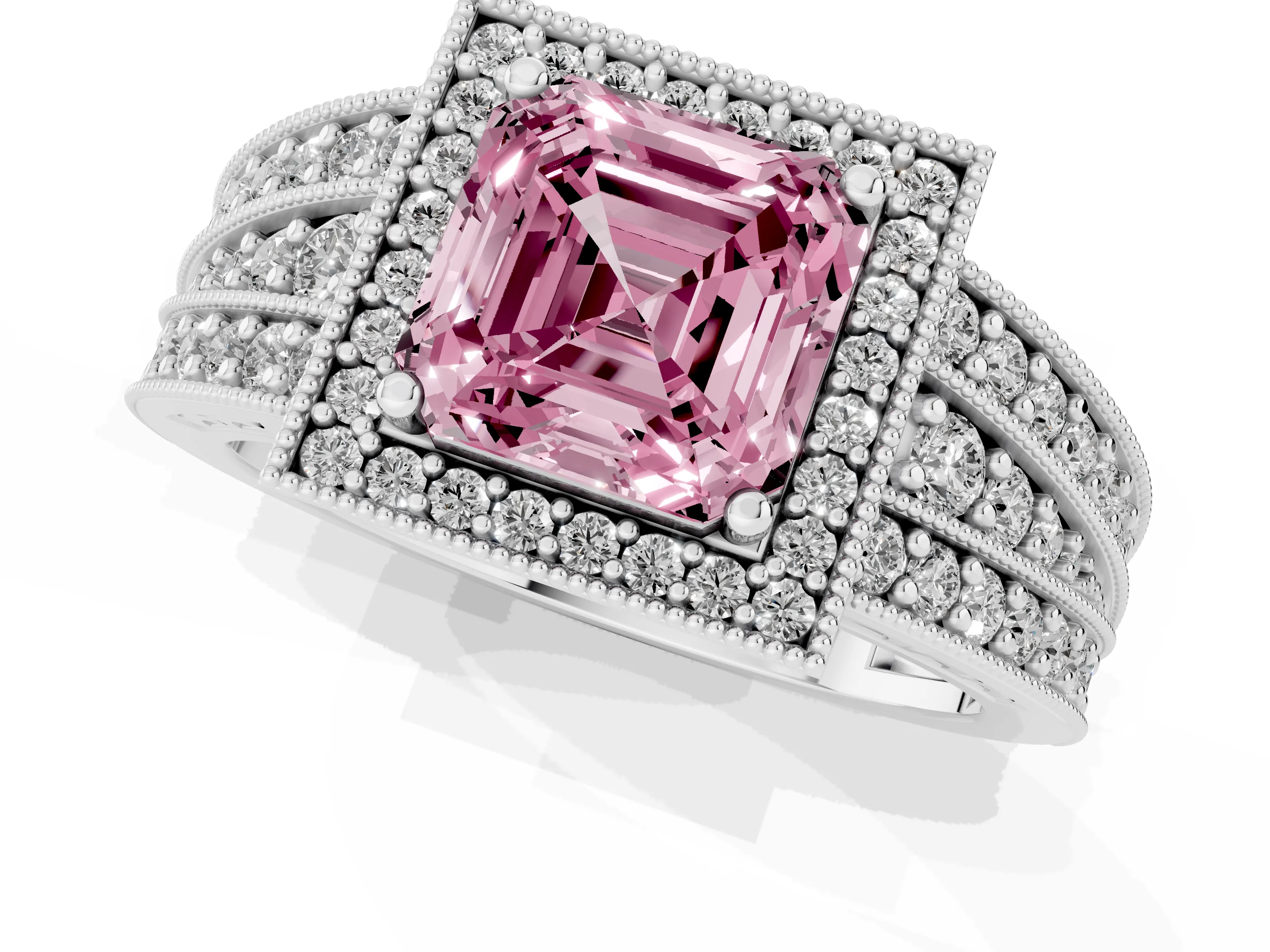 Fancy Pink Asscher Cut Diamond Halo Ring Set in Silver with Accent Split Shank and Prong Setting