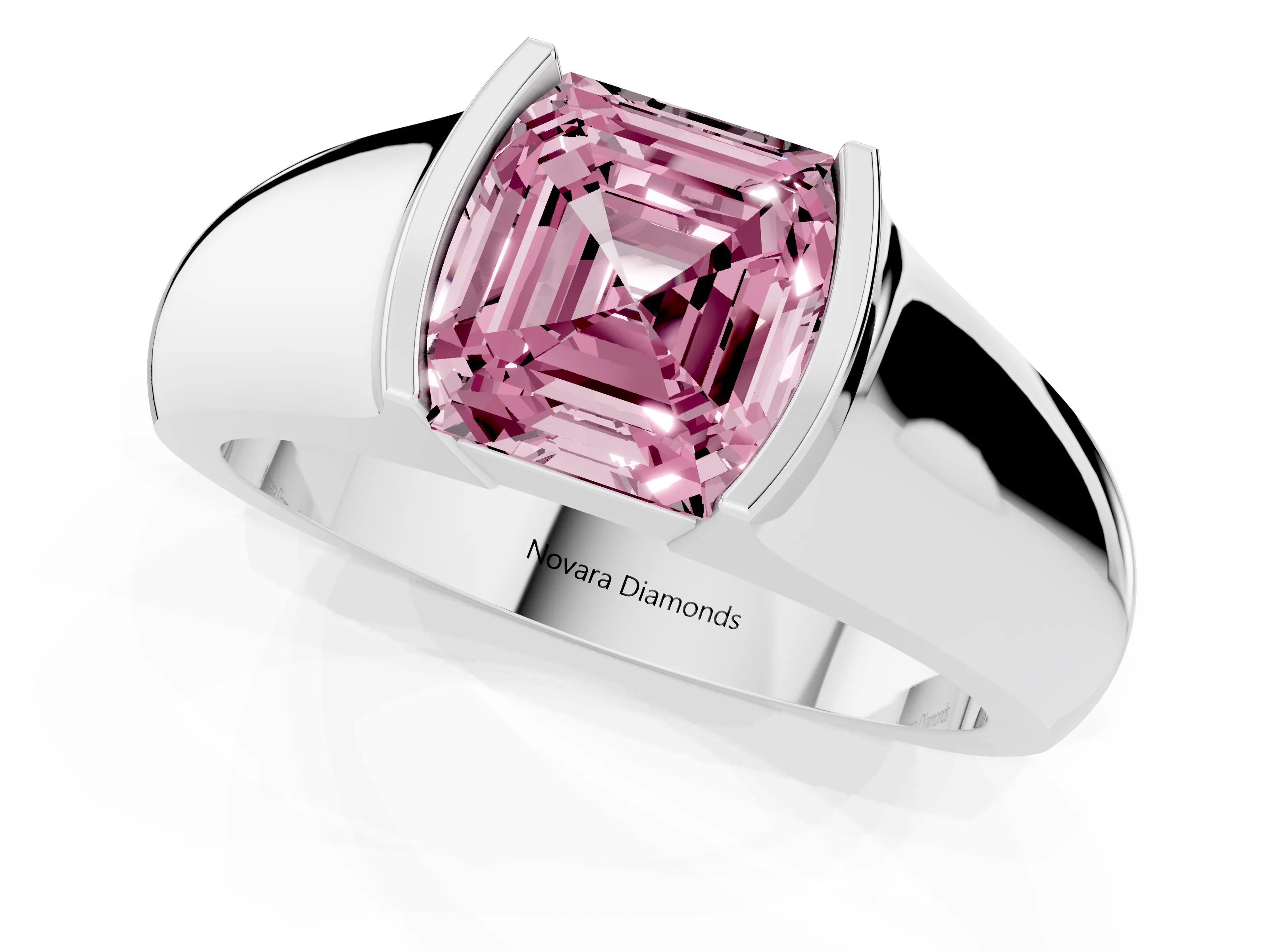 Fancy Pink Asscher Cut Diamond Bezel Solitaire Ring Set in White gold with Wide Band