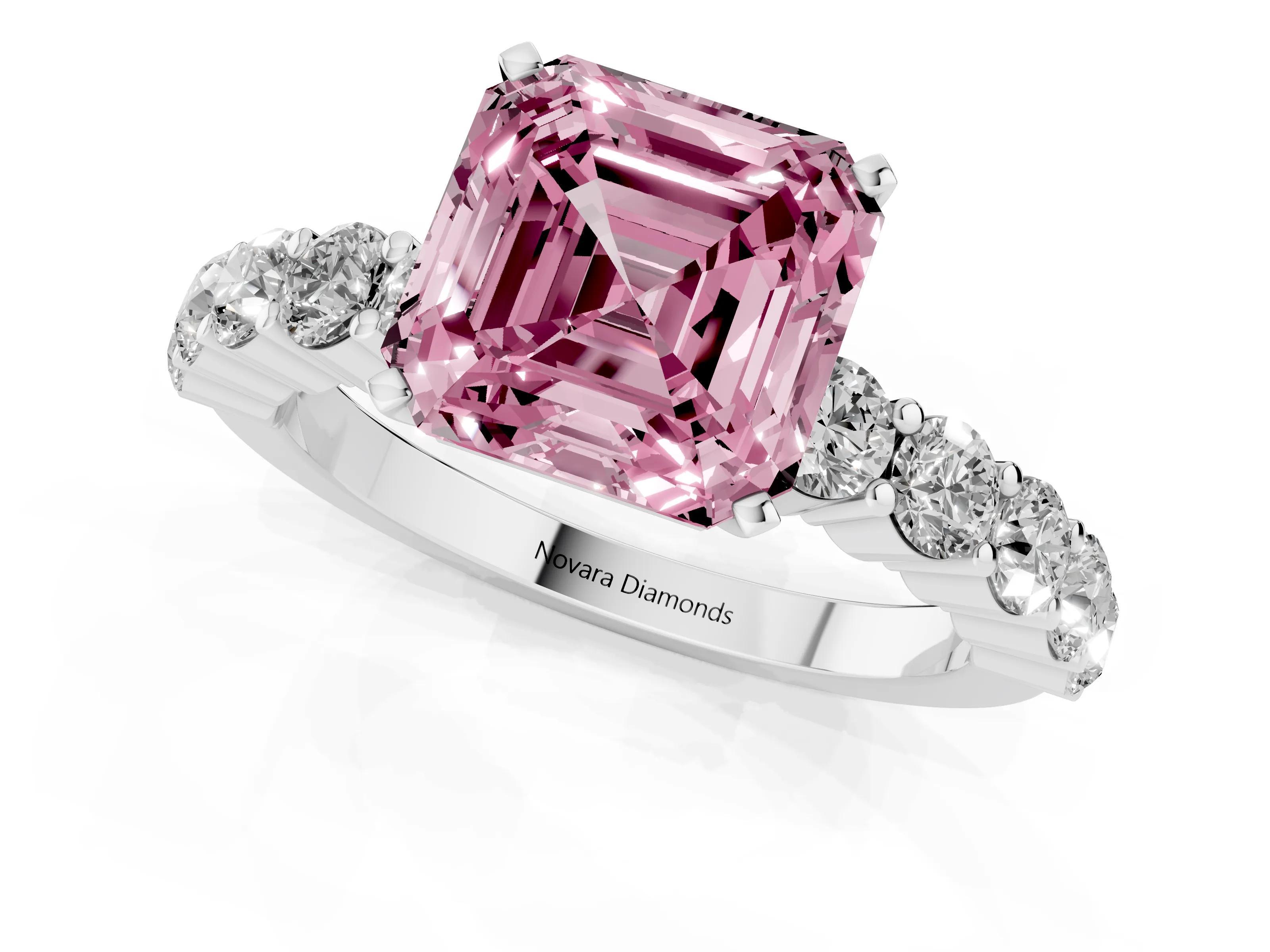 Fancy Pink Asscher Cut Diamond Solitaire Ring Set in White gold with Shared Prong Round Side Stones