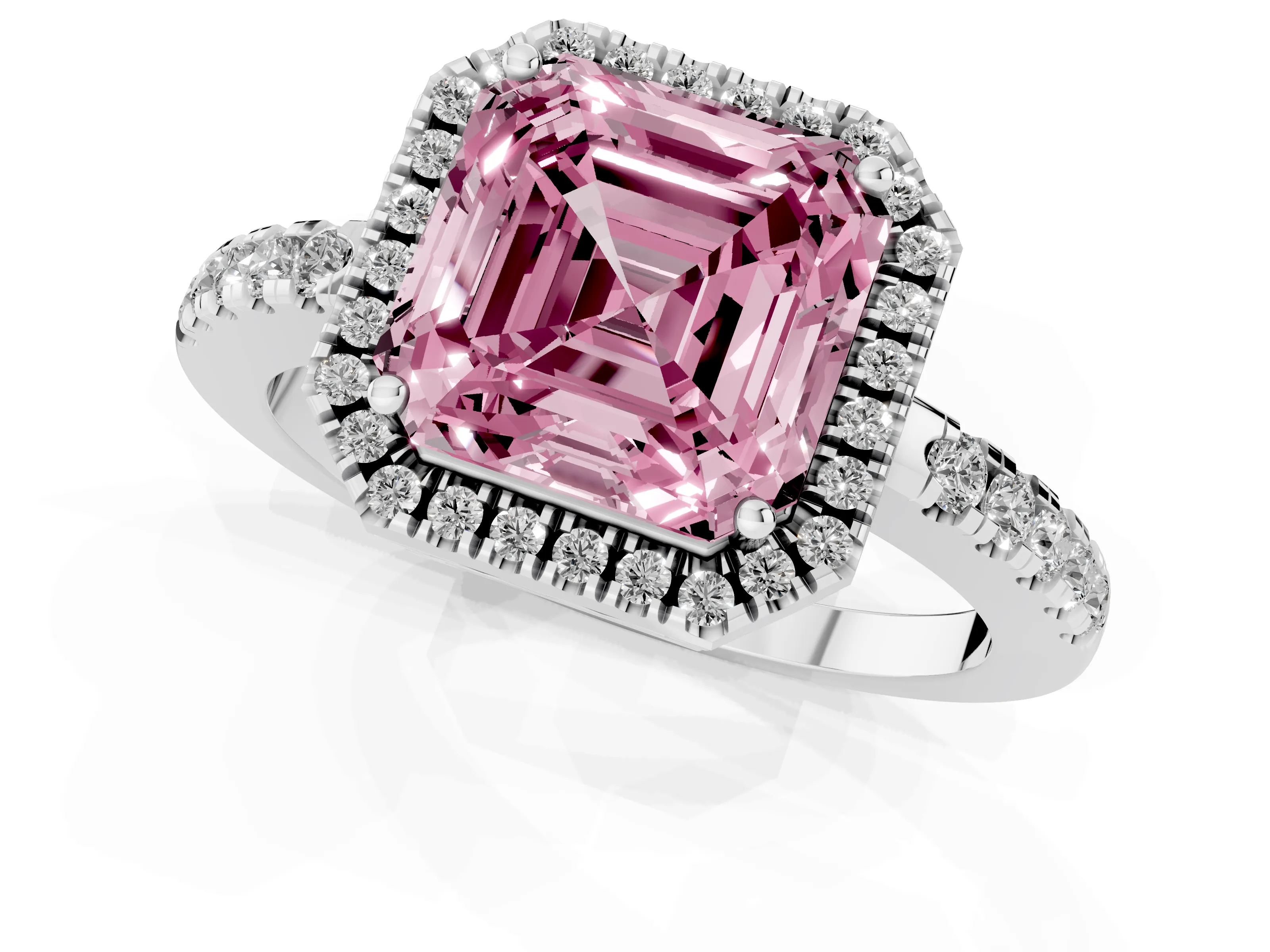 Fancy Pink Asscher Cut Diamond Pavé Band Halo Engagement Ring Set in White gold with Prong Setting