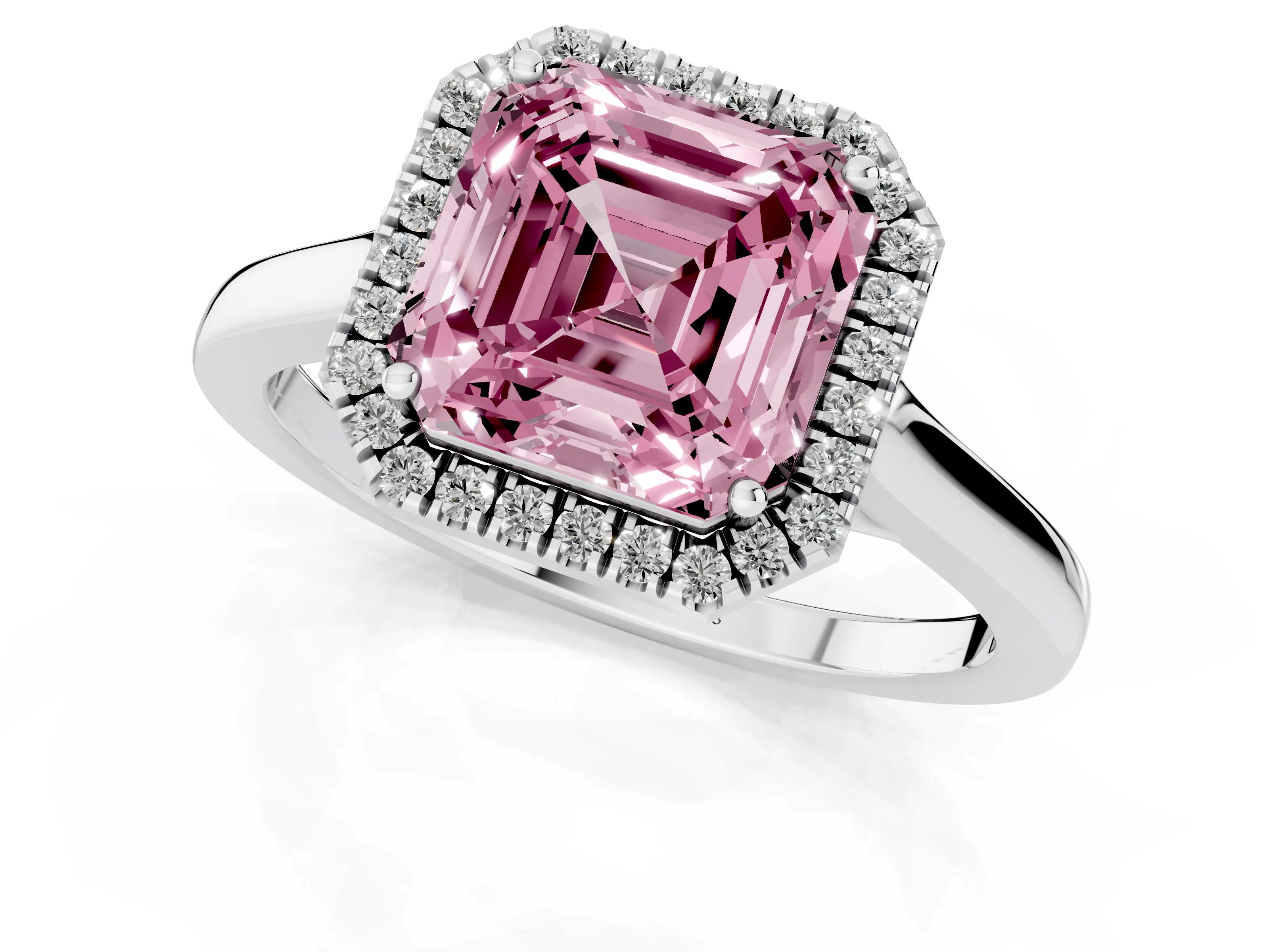 Fancy Pink Asscher Cut Halo Round Diamond Solitaire Ring Set in Silver with Pavé Band and Prong Setting