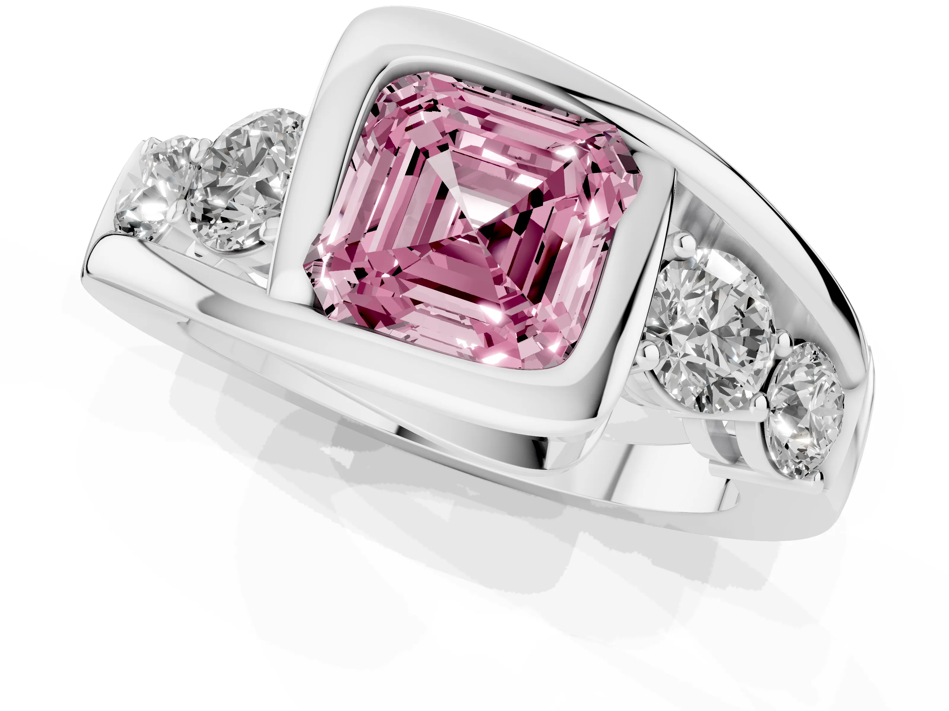 Fancy Pink Asscher Cut Diamond Bezel Bypass Ring Set in Silver with Round Accents