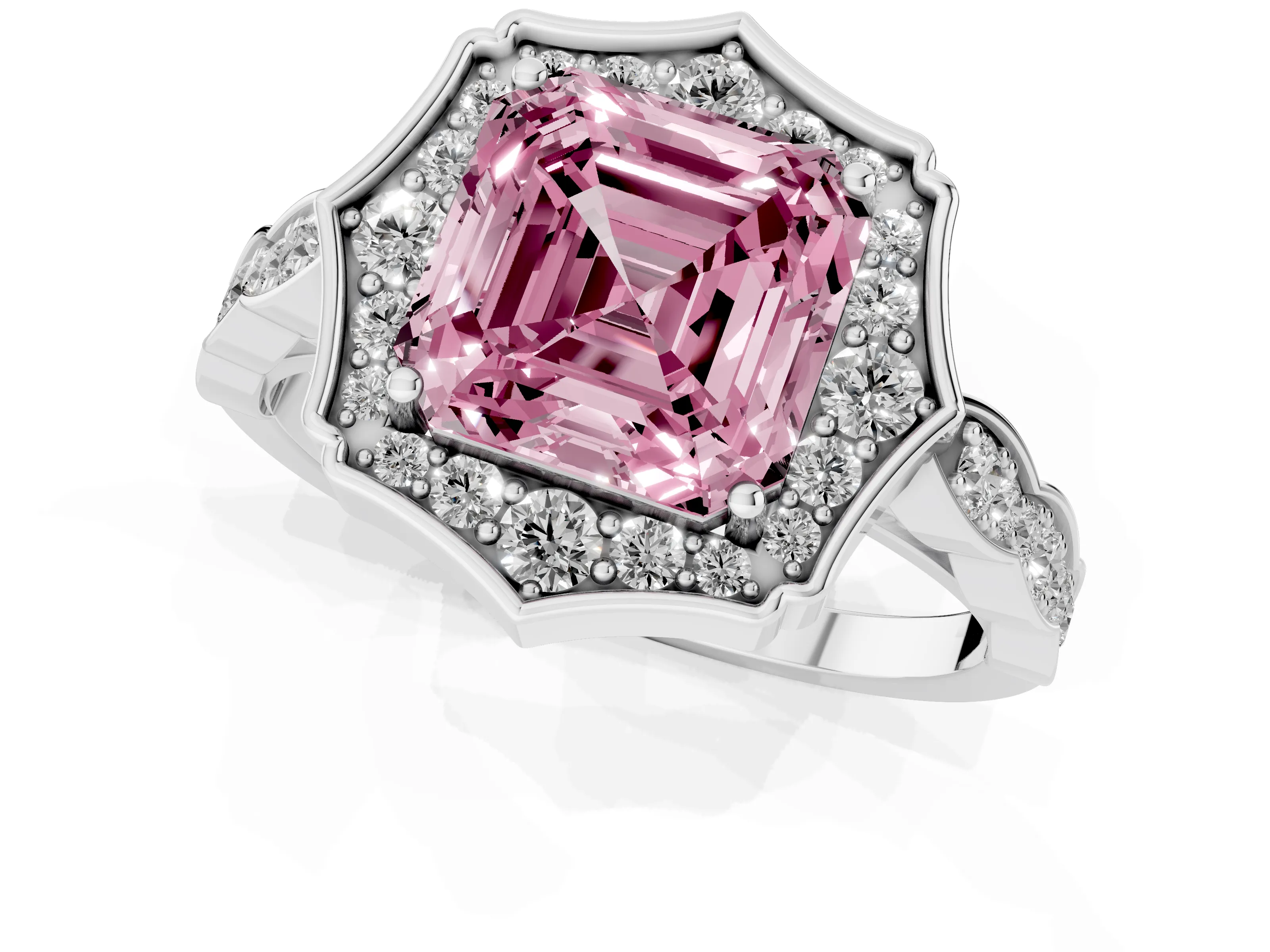 Fancy Pink Asscher Cut Diamond Halo Engagement Ring Set in Platinum with Milgrain Band and Prong Setting