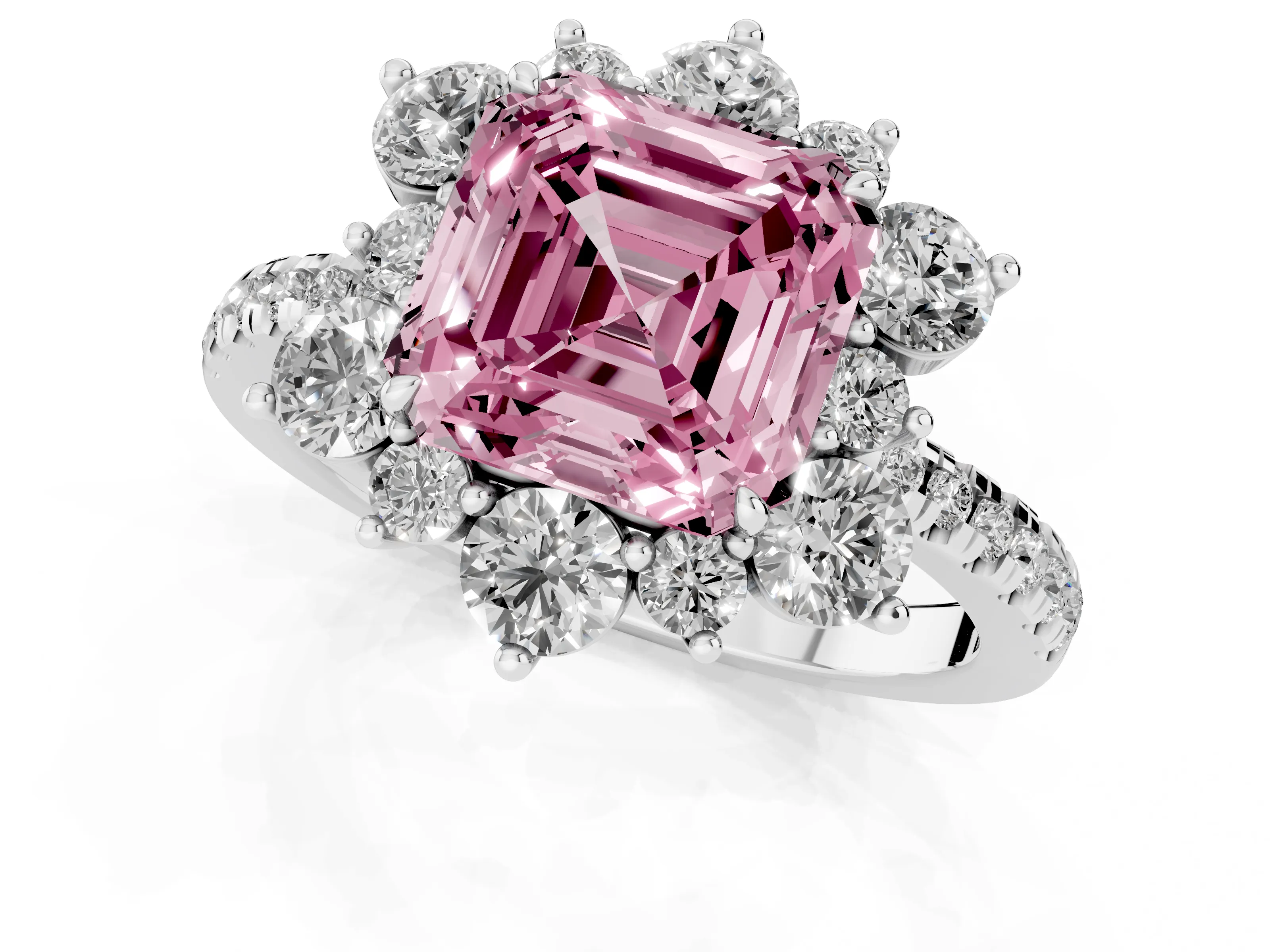 Fancy Pink Asscher Cut Diamond Floral Halo Ring Set in White gold with Round Pavé Band and Prong Setting