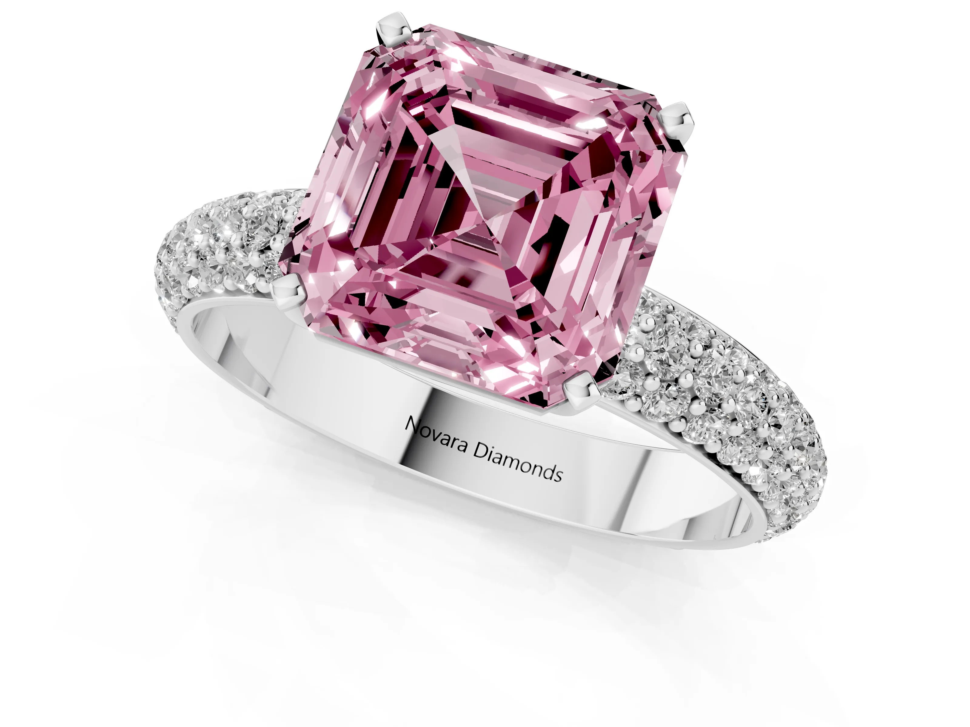 Fancy Pink Asscher Cut Diamond Solitaire Ring Set in Silver with Prong Setting and Pavé-Set Band