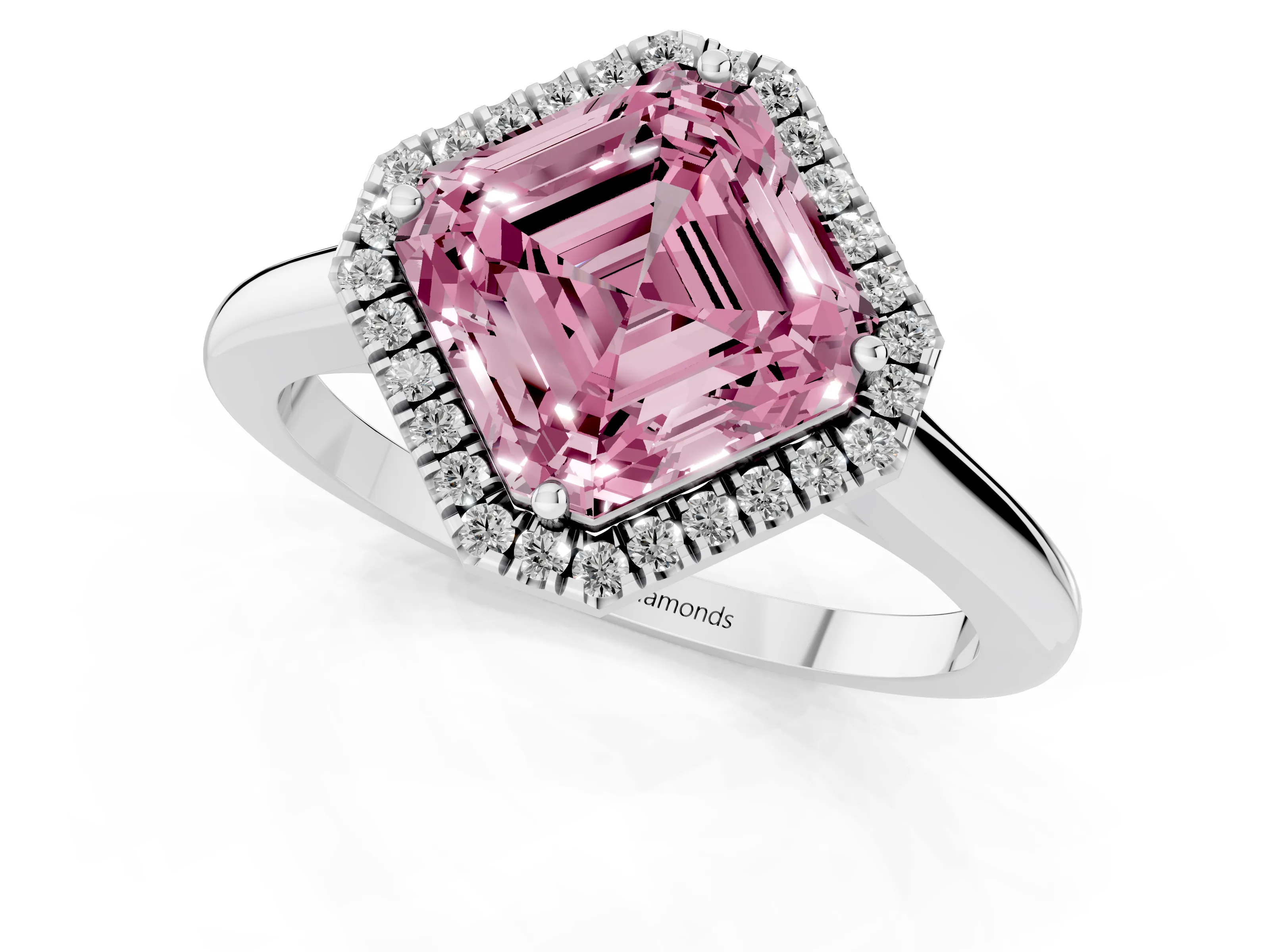 Fancy Pink Asscher Cut Diamond Halo Engagement Ring Set in White gold with Pavé Band and Rising Shoulders – second view