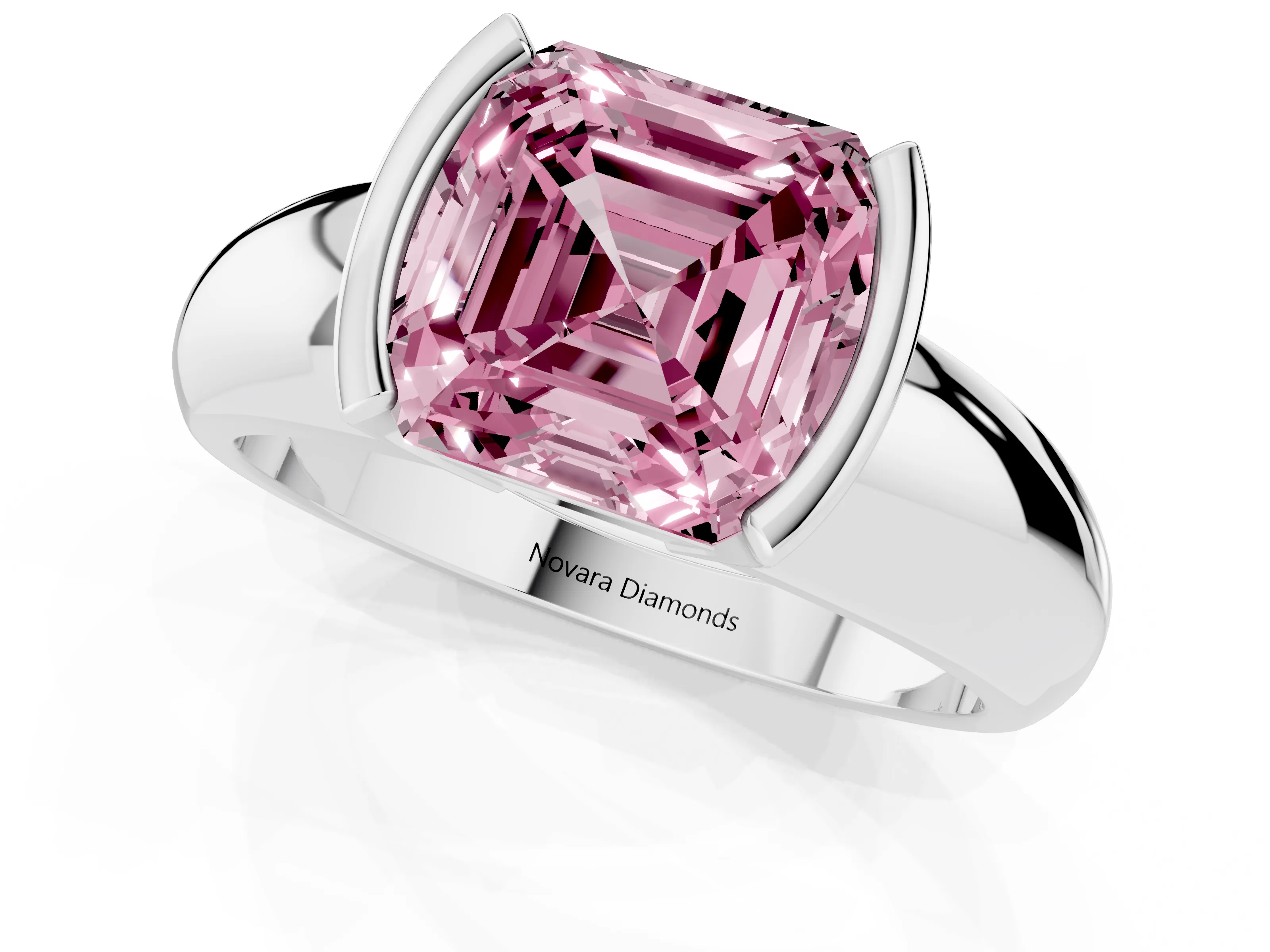 Fancy Pink Asscher Cut Diamond Solitaire Tension Set Ring Set in Silver with Wide Band