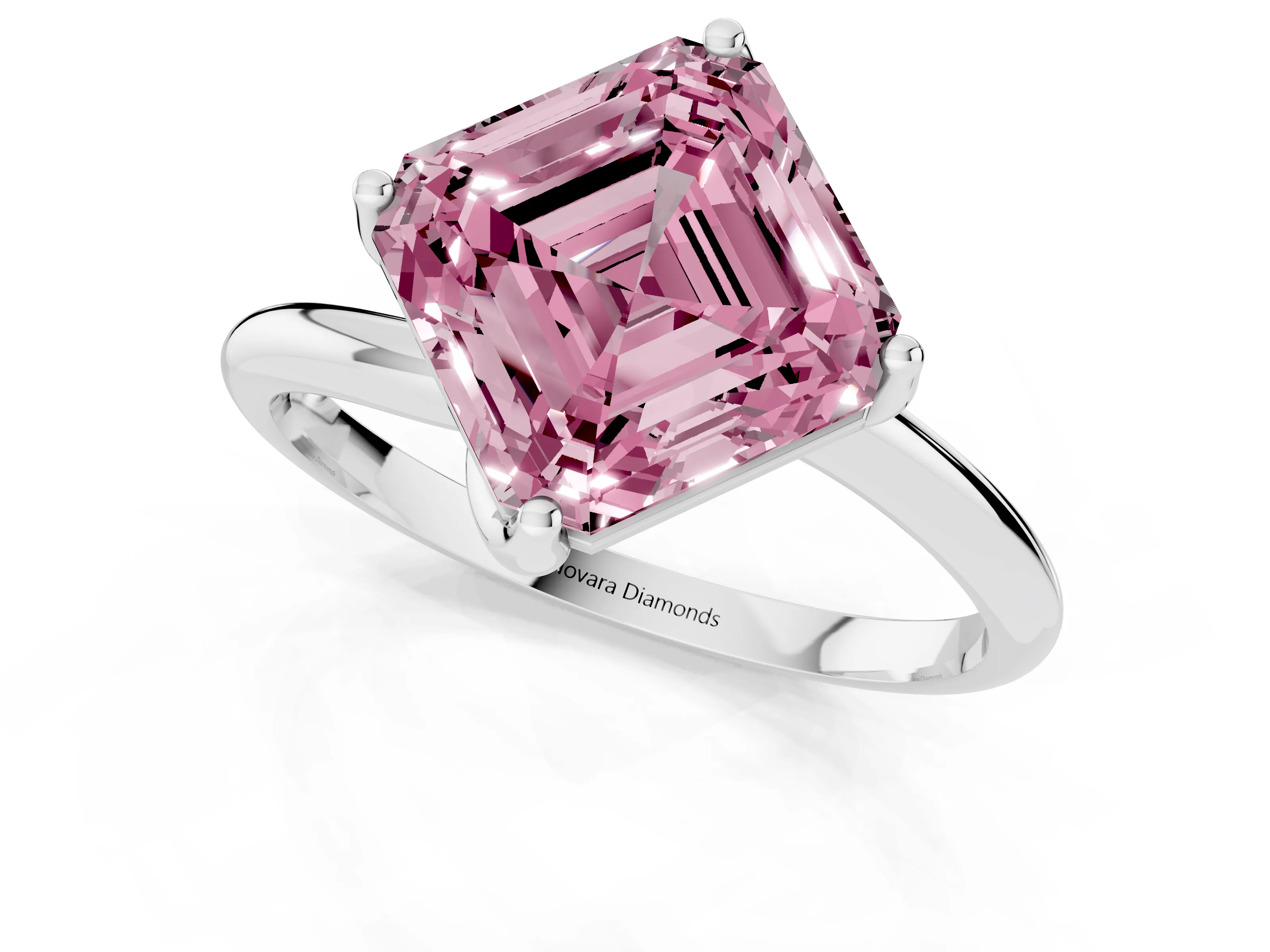 Fancy Pink Asscher Cut Diamond Solitaire Engagement Ring Set in White gold with Classic Plain Band