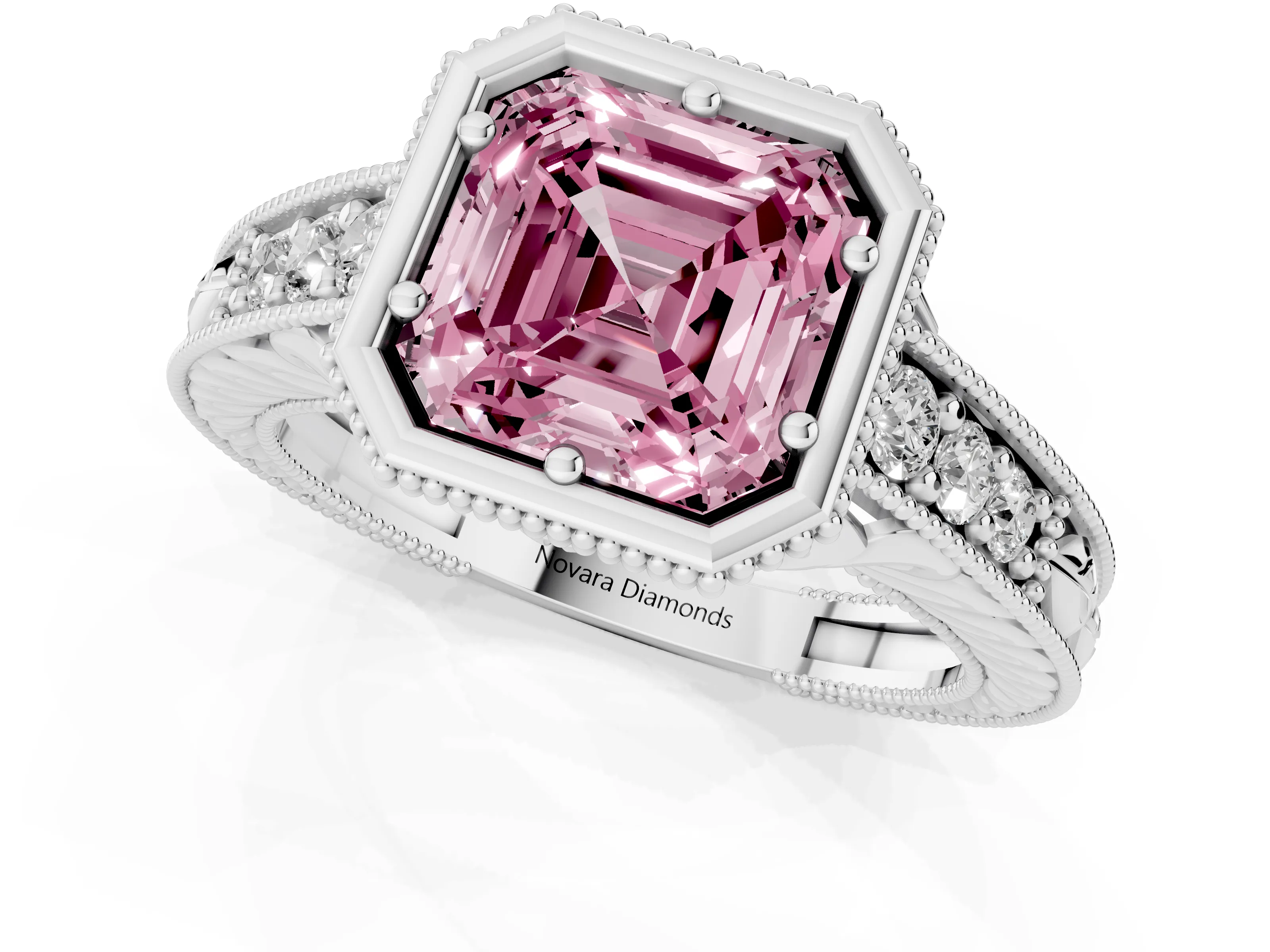 Fancy Pink Bezel Set Asscher Cut Diamond Milgrain Pavé Engagement Ring Set in Silver