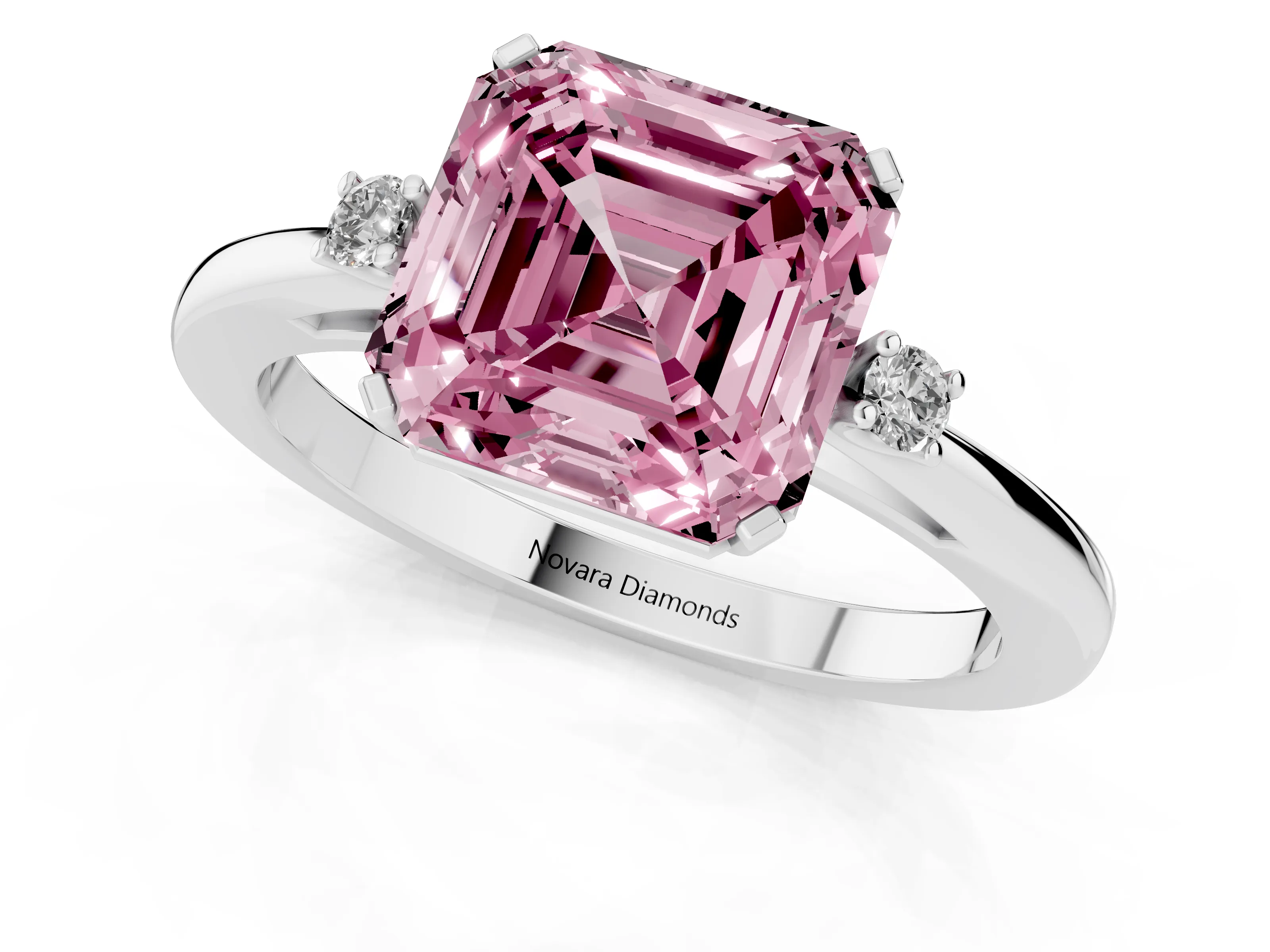 Fancy Pink Three-Stone Asscher Cut Diamond Solitaire Ring Set in Silver with Round Accent Stones and Prong Setting