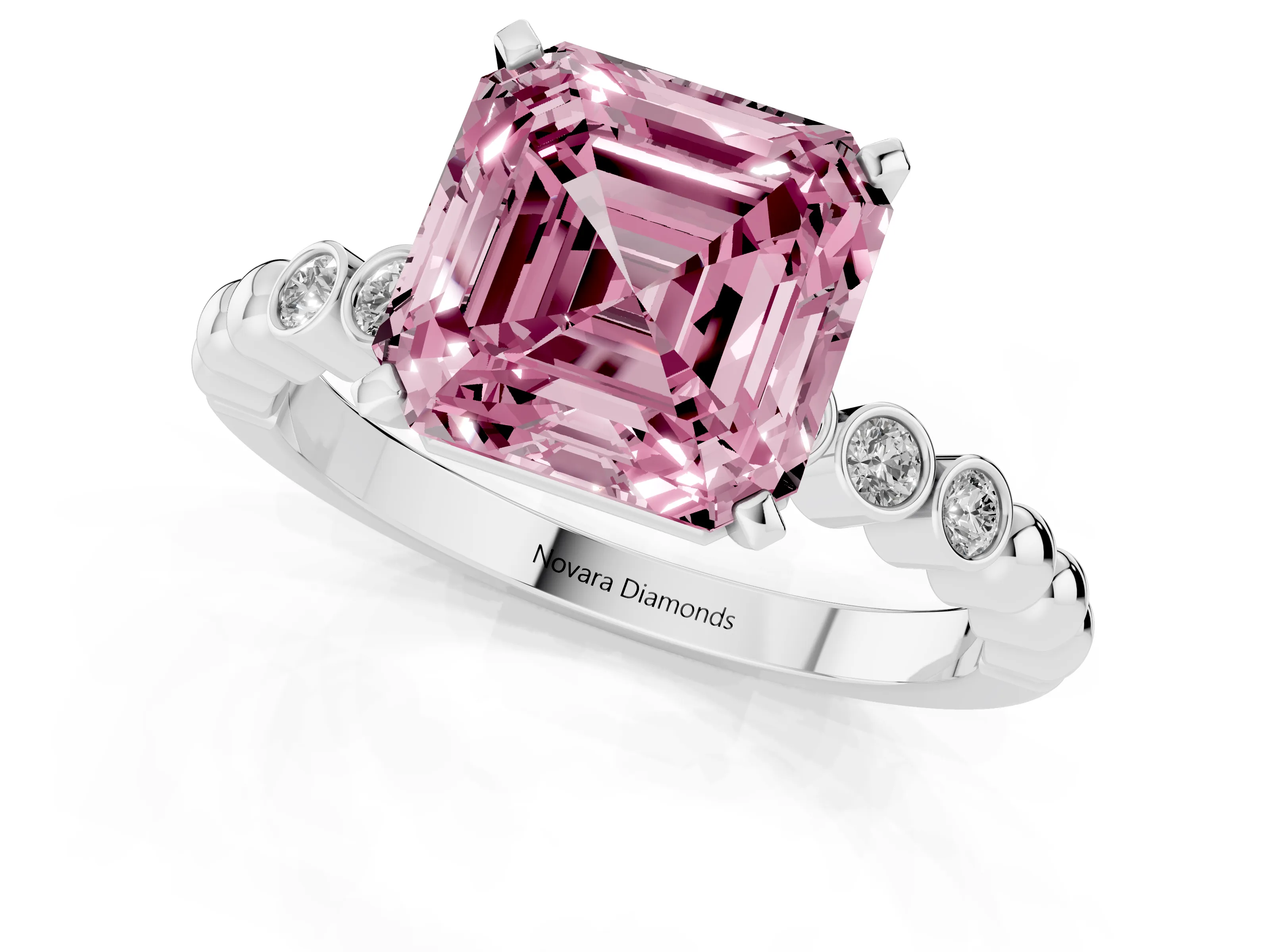 Fancy Pink Asscher Cut Diamond Solitaire Engagement Ring Set in Platinum with Bezel Accents on Beaded Band