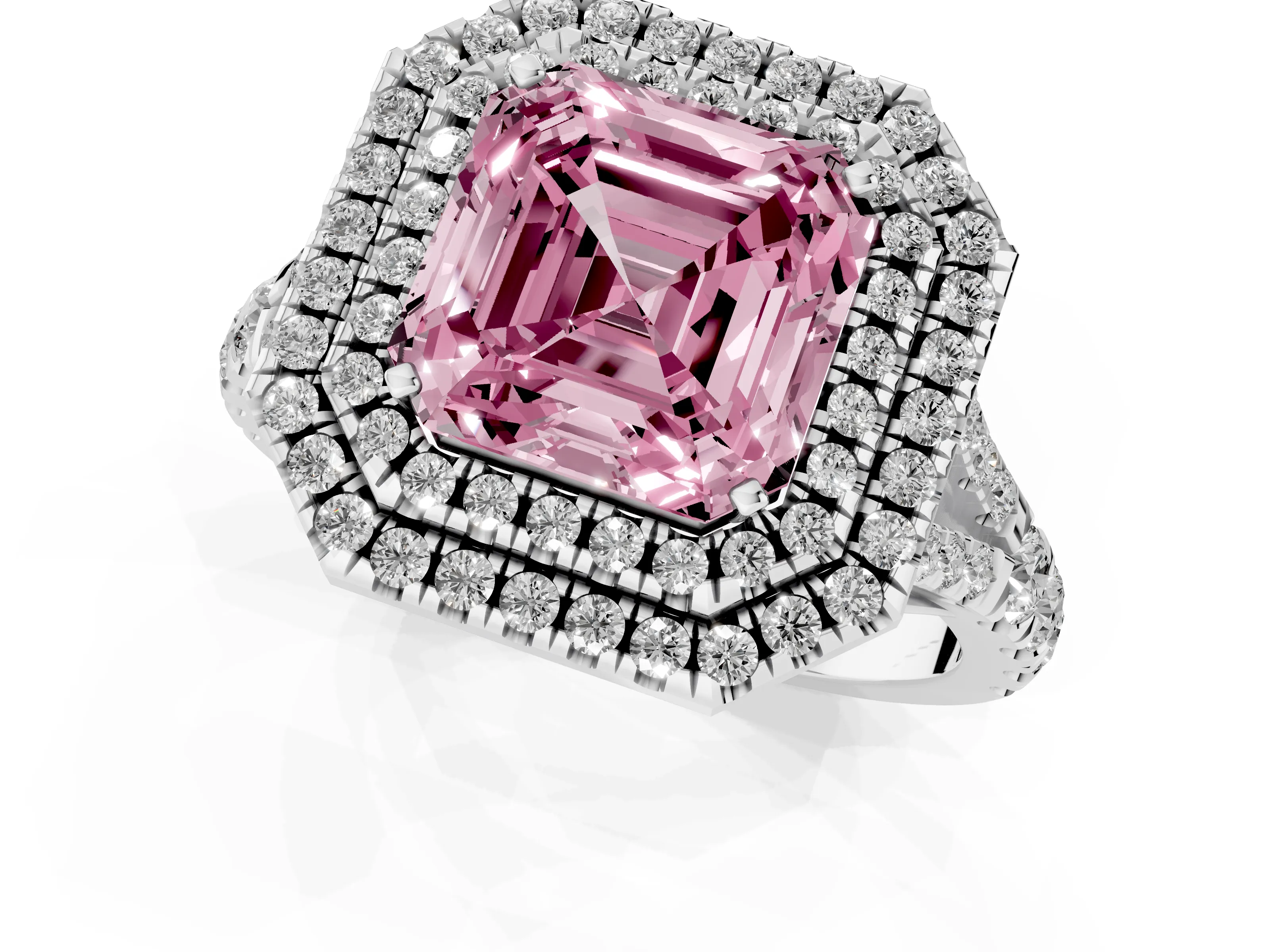 Fancy Pink Asscher Cut Diamond Pavé Split Shank Double Halo Engagement Ring Set in Silver