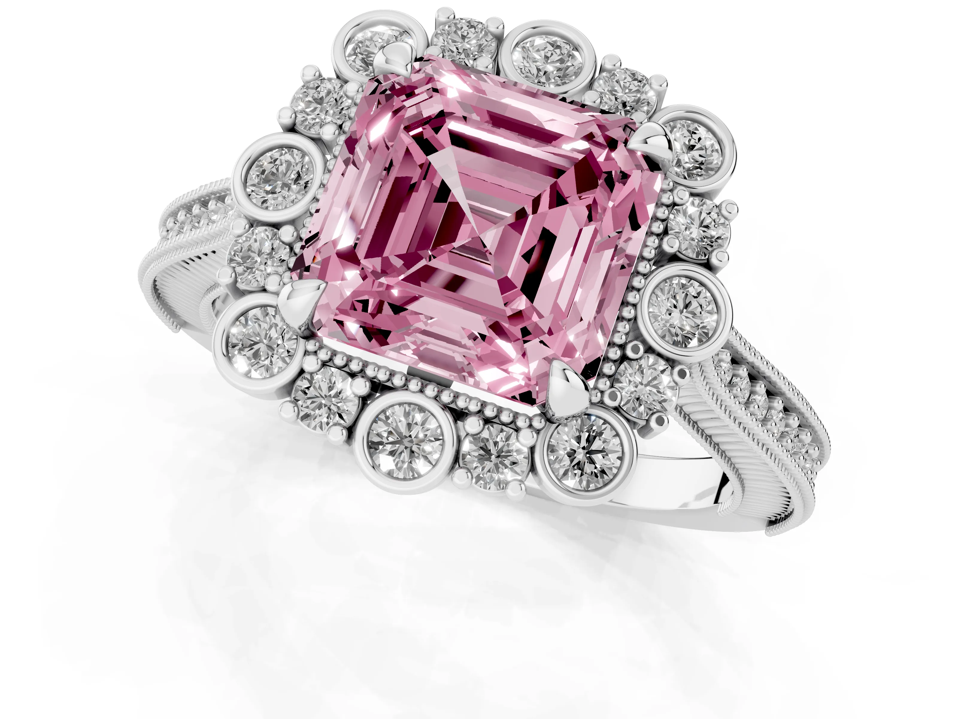 Fancy Pink Asscher Cut Diamond Halo Milgrain Pavé Ring Set in Platinum with Prong Setting