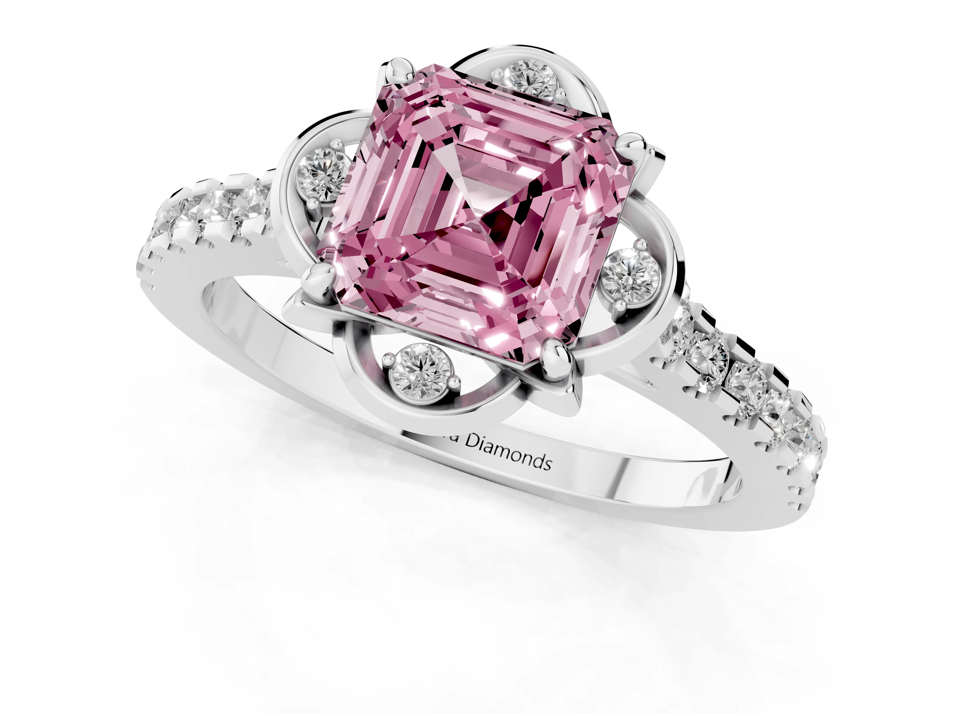 Fancy Pink Asscher Cut Diamond Solitaire Ring Set in Silver with Pavé Band and Floral Prong Setting