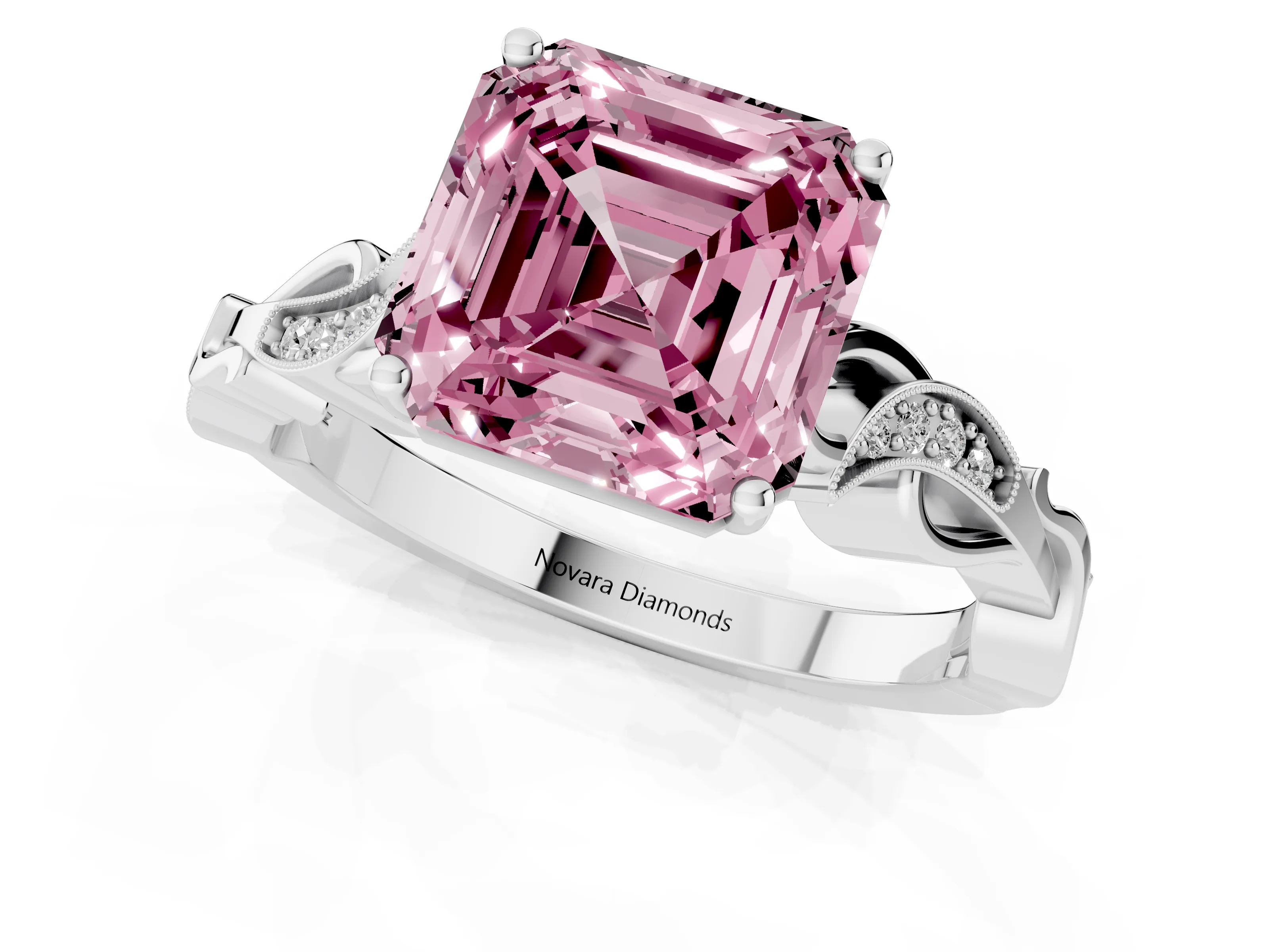 Fancy Pink Asscher Cut Diamond Vine Band Solitaire Ring Set in White gold with Milgrain Prong Setting