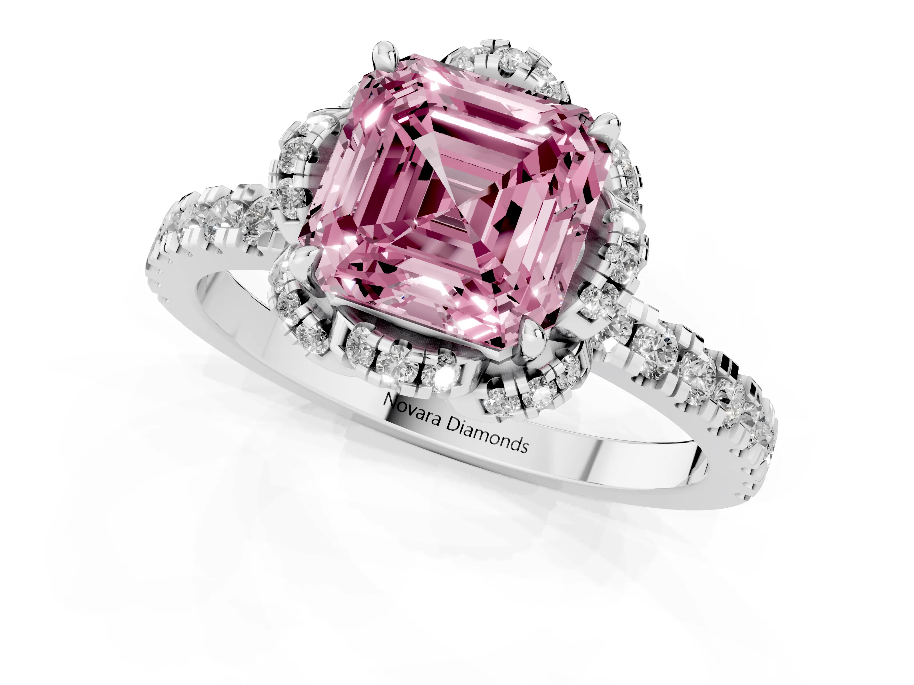 Fancy Pink Asscher Cut Diamond Halo Pavé Ring Set in White gold with Prong-Held Center Stone