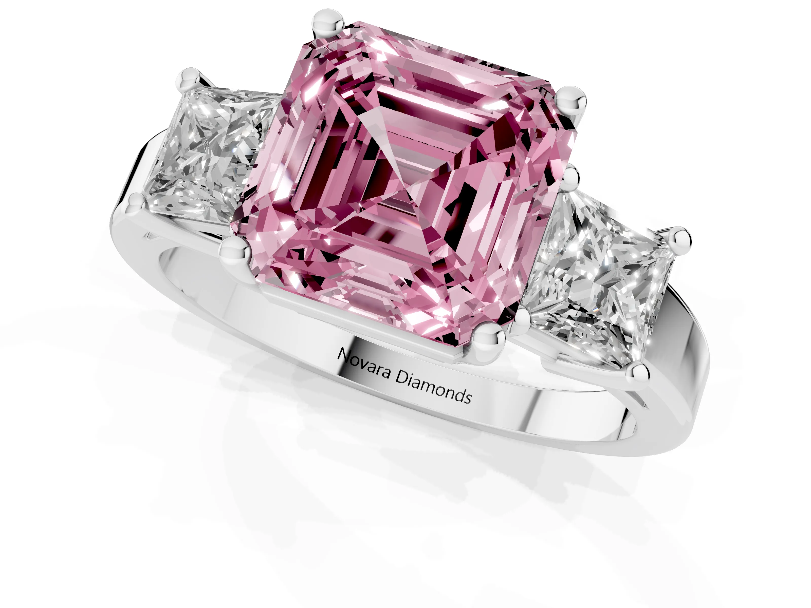 Fancy Pink Three-Stone Asscher Cut Diamond Solitaire Ring Set in Silver with Prong Setting