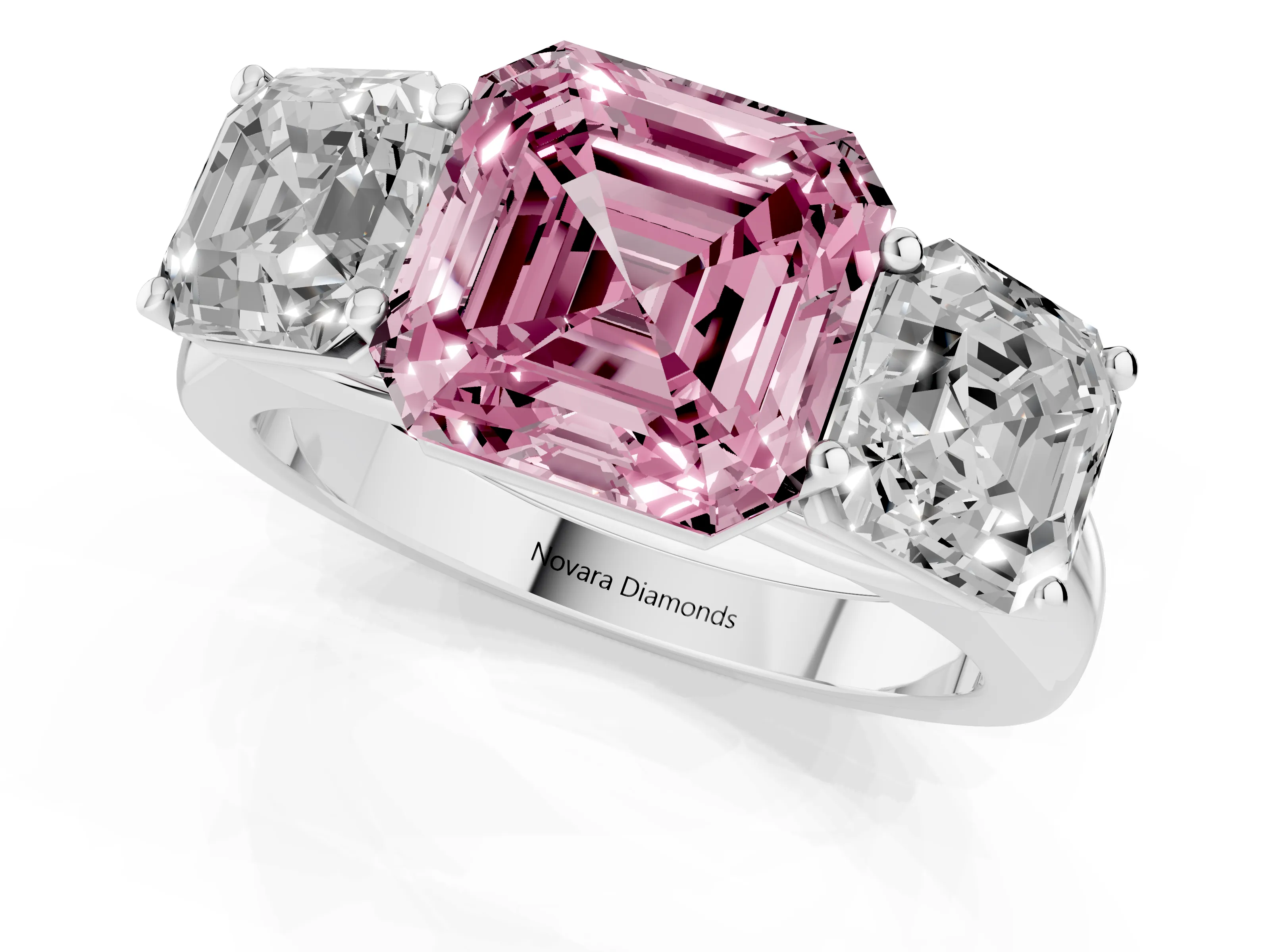 Fancy Pink Asscher Cut Diamond Three-Stone Ring Set in White gold with Plain Polished Band