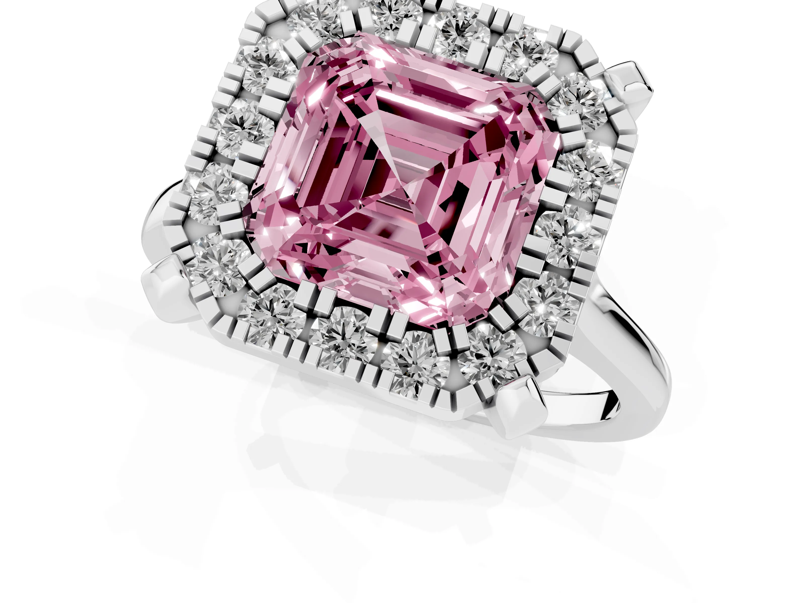 Fancy Pink Asscher Cut Diamond Cluster Halo Solitaire Ring Set in Silver with Prong Setting