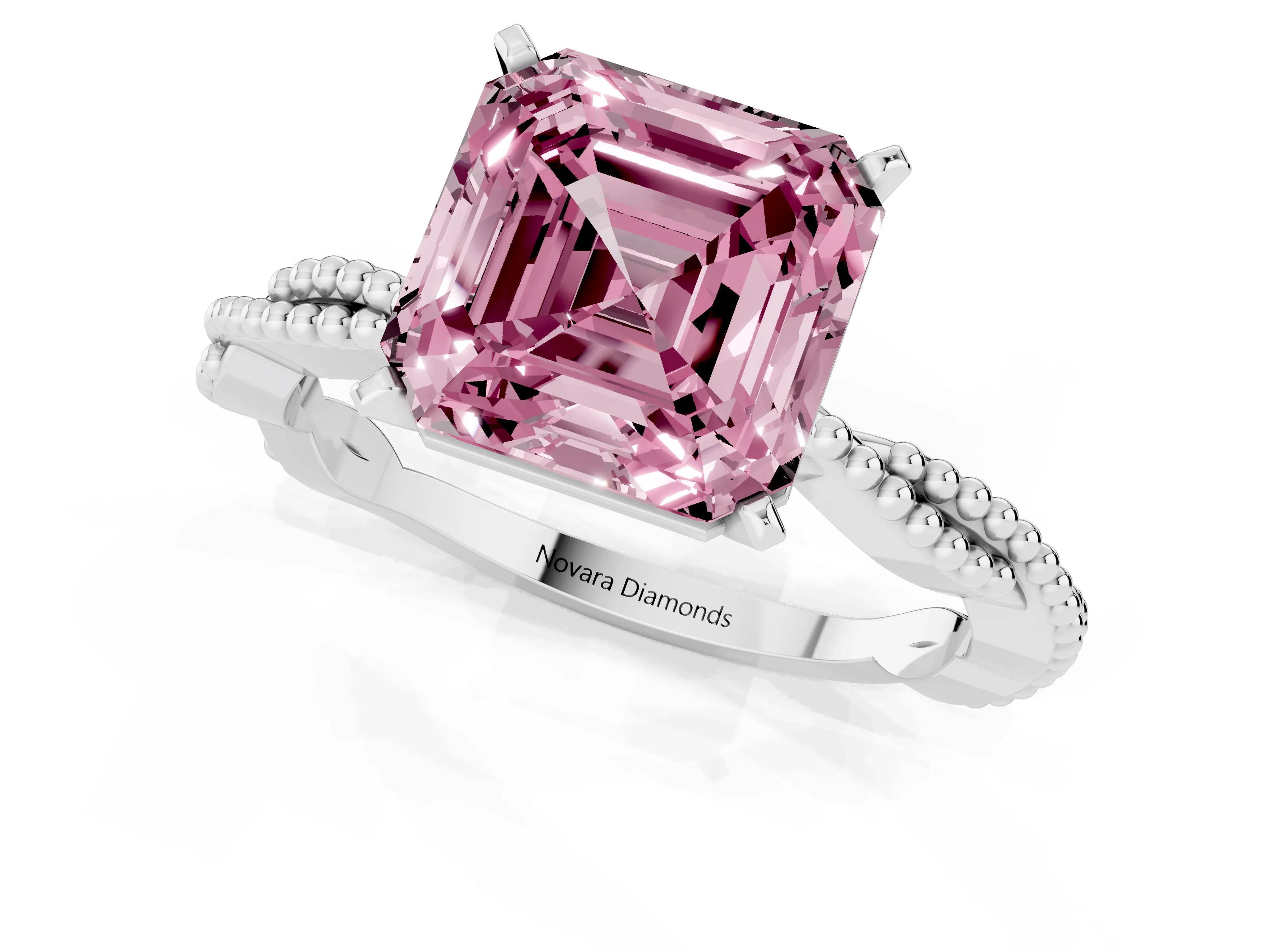 Fancy Pink Asscher Cut Diamond Solitaire Ring Set in White gold with Twisted Band and Bead Prong Setting