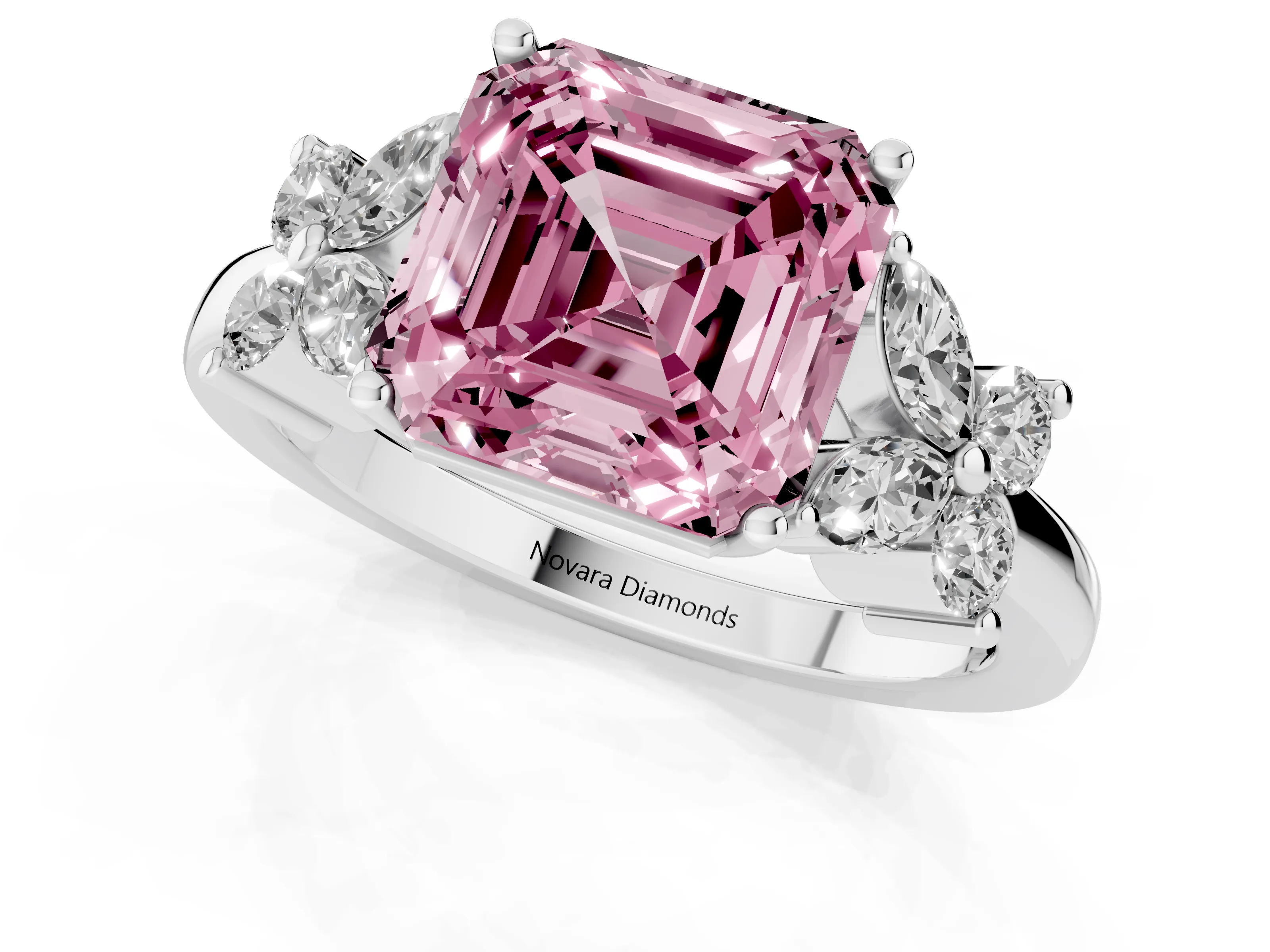 Fancy Pink Asscher Cut Diamond Floral Cluster Ring Set in White gold with Marquise Petals and Prong Setting