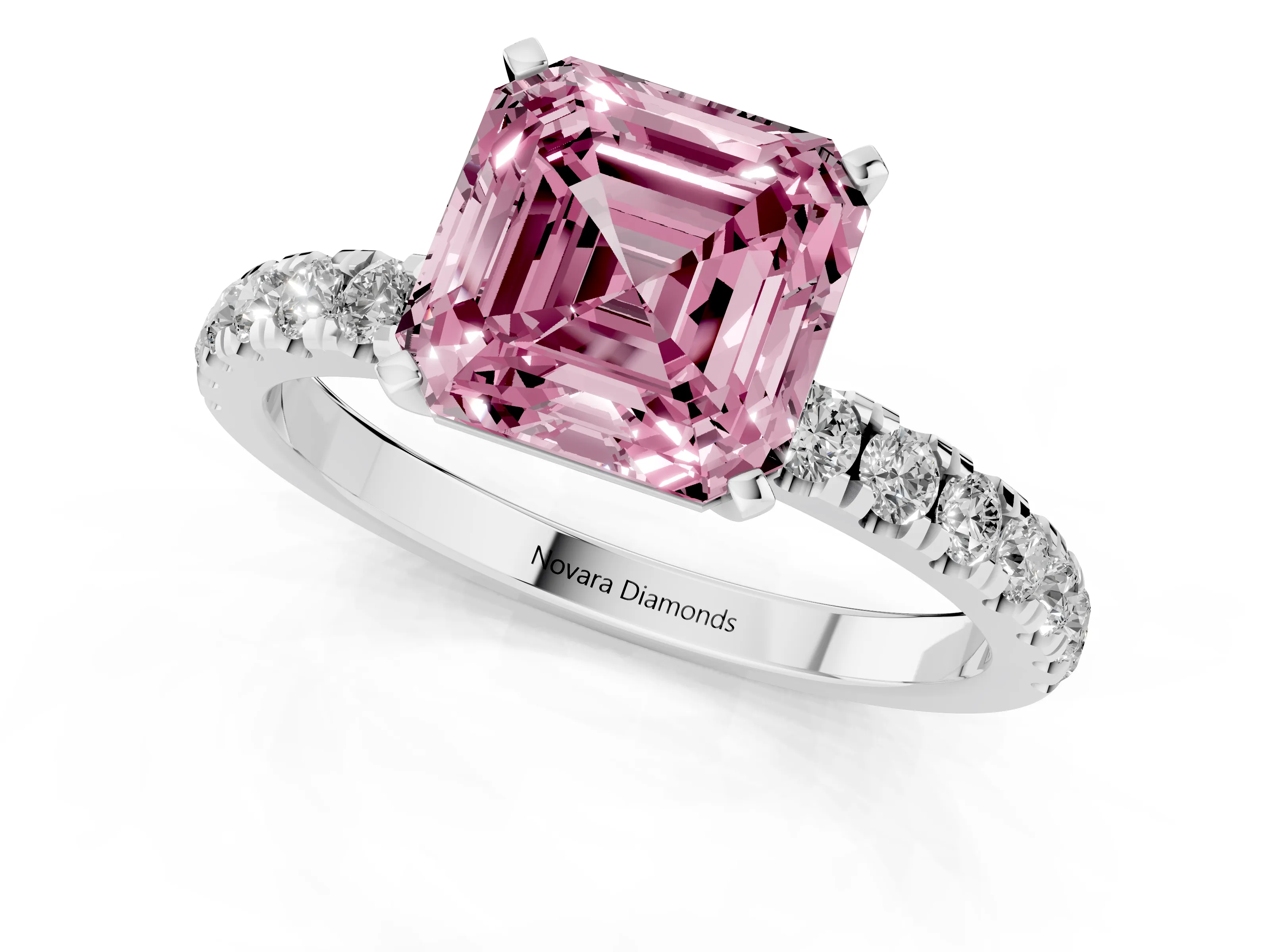Fancy Pink Asscher Cut Diamond Solitaire Ring Set in Silver with Pavé Accents and Prong Setting
