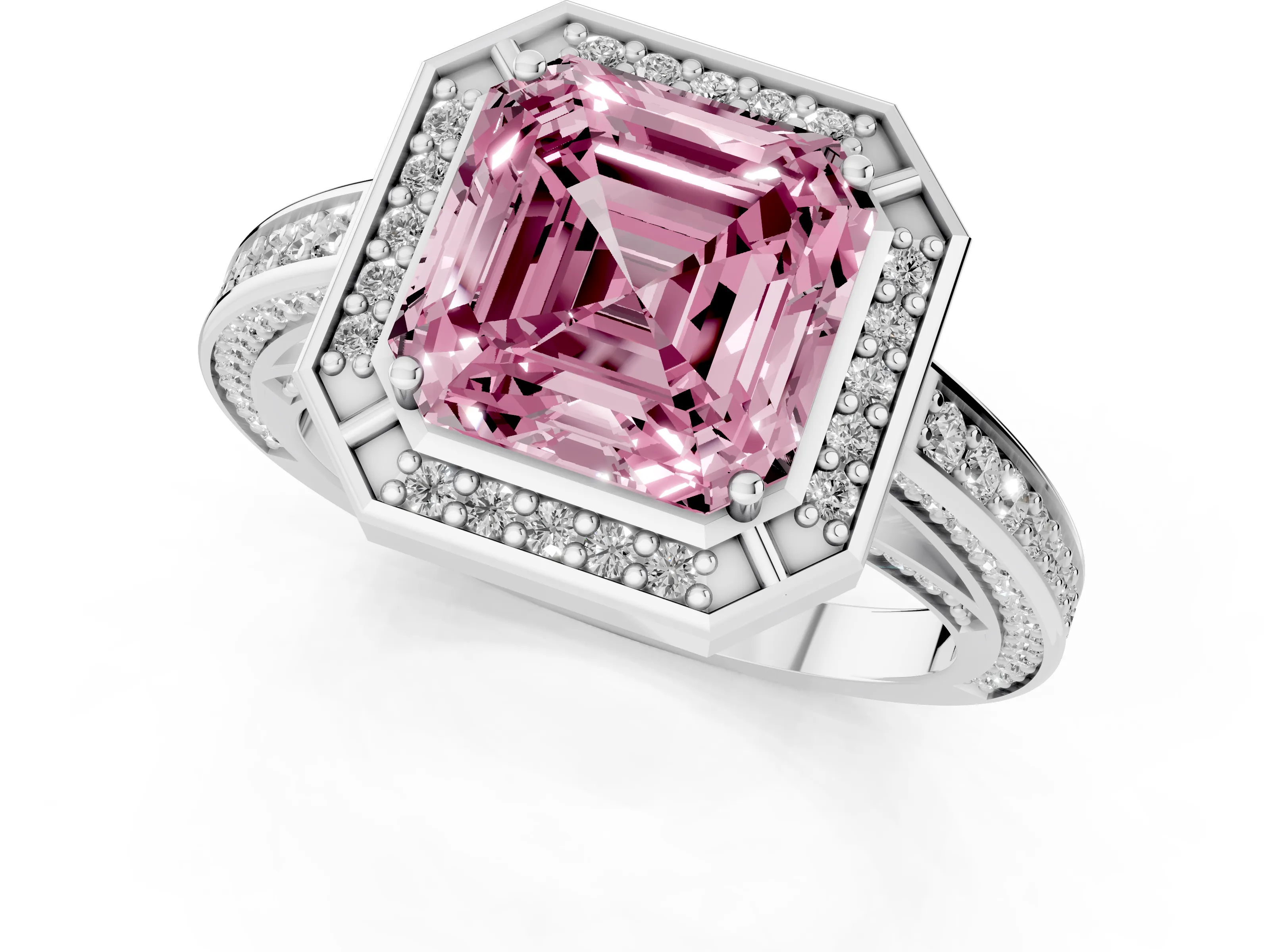 Fancy Pink Asscher Cut Diamond Halo Pavé Split Shank Ring Set in White gold with Prong Setting