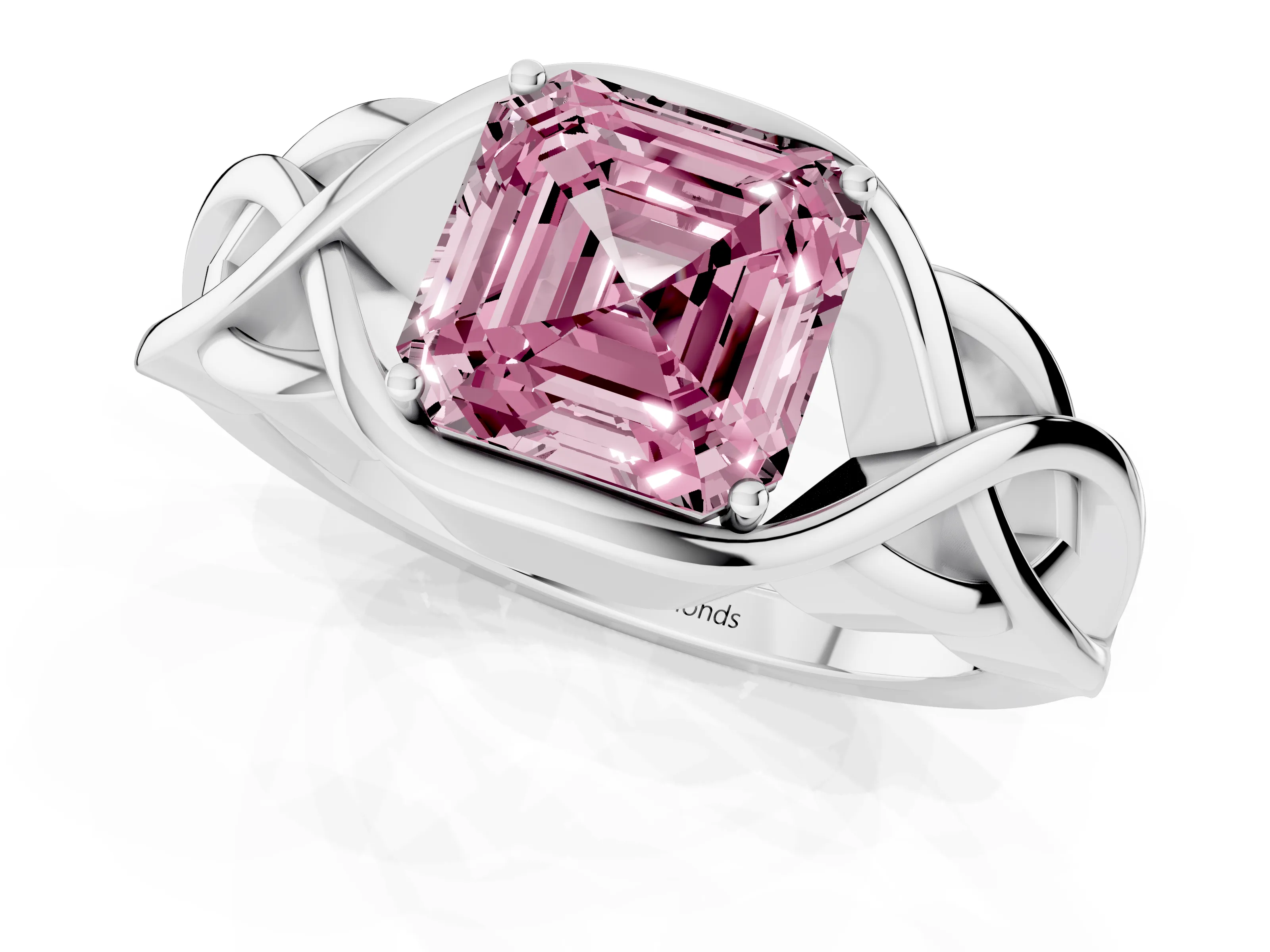 Fancy Pink Asscher Cut Diamond Solitaire Ring Set in Silver with Intertwined Band